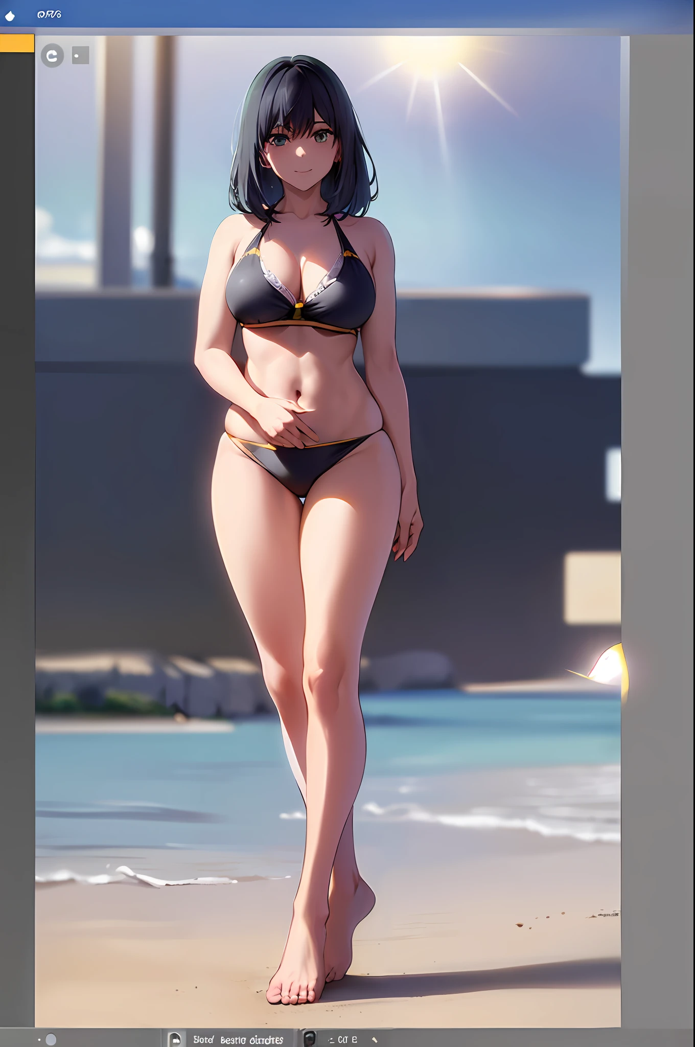 (((strong sun light))), goddess, bloom, lens flare, (8k, RAW, professional, best quality, masterpiece:1.2), ultra-detailed, (25mm portrait wide angle), (highest detailed skin:1.2), (highest detailed face:1.2), 1woman, ((black middle hair)), (windy), (((standing on the beach))), sun light, look at the camera, ((blue bikini)), polite smile