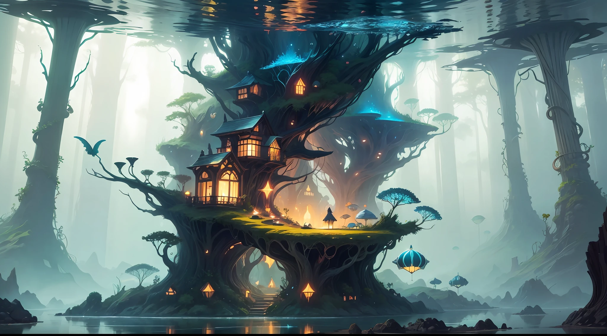 Dive into a fantastical realm where a Pterophyllum fish named Wanda navigates a whimsical underwater wonderland. The environment is a surreal fusion of reality and imagination, with floating islands adorned with vibrant flora and fauna. Wanda, with its unique zebra-striped markings in black and white, gracefully swims through the air instead of water, defying the laws of nature. The atmosphere is magical, filled with an enchanting glow that emanates from the surroundings. This extraordinary scene is brought to life through an otherworldly illustration, combining digital art techniques with elements of fantasy. The final artwork transports the viewer to a world where imagination knows no bounds.