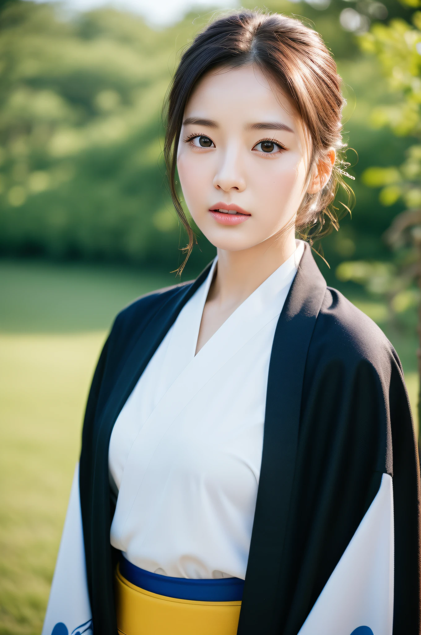 ((Best Quality, 8K, Masterpiece: 1.3)), Sharp Focus: 1.2, (Super Beautiful Face: 1.0), (Glossy Skin: 1.0), Realistic Photos, Black Hair, Realistic Pupils, Movie Lighting, Highly Detailed Eyes and Faces, Movie Lighting, (Cowboy Shot: 1.0), (Kimono, Hakama, Obi: 1.15), In Nature, (Korean Cute Actress)