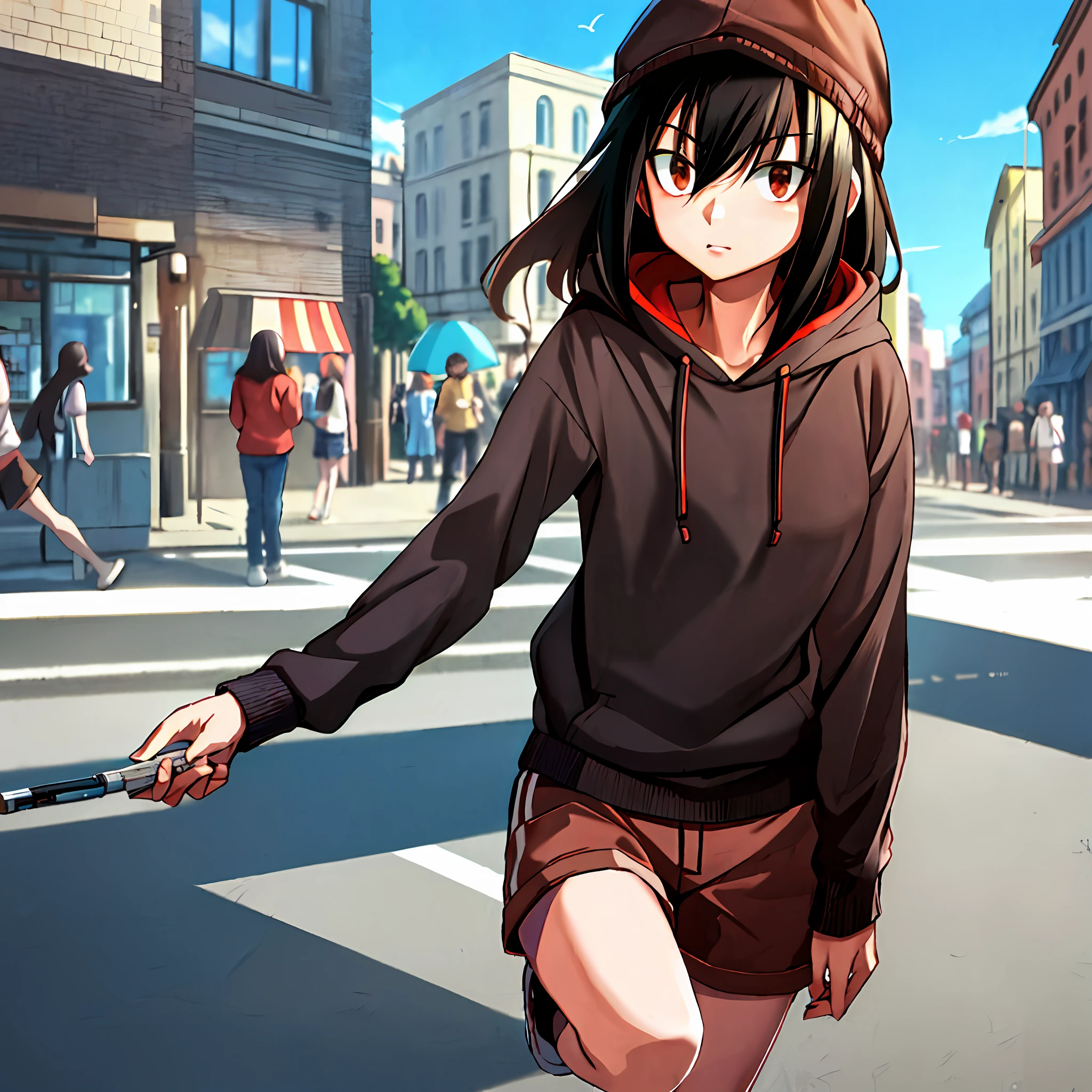 (masterpiece, best quality), 1girl, solo, tomoko-kuroki, black hooded sweater, red cap, brown shorts, (crowded street background), looking at the viewer, american photo, dynamic pose, body as description