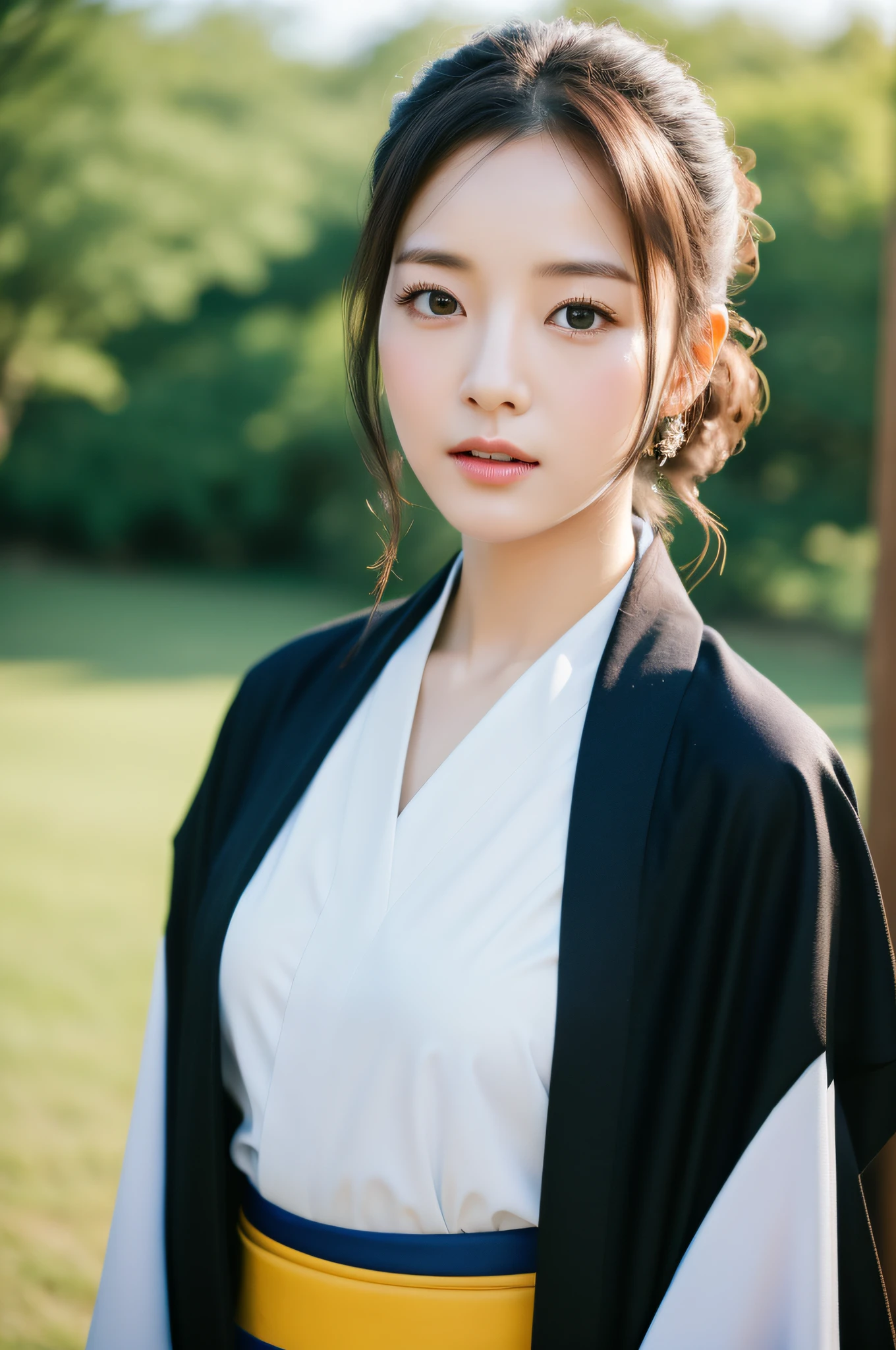 ((Best Quality, 8K, Masterpiece: 1.3)), Sharp Focus: 1.2, (Super Beautiful Face: 1.0), (Glossy Skin: 1.0), Realistic Photos, Black Hair, Realistic Pupils, Movie Lighting, Highly Detailed Eyes and Faces, Movie Lighting, (Cowboy Shot: 1.0), (Kimono, Hakama, Obi: 1.15), In Nature, (Korean Cute Actress)