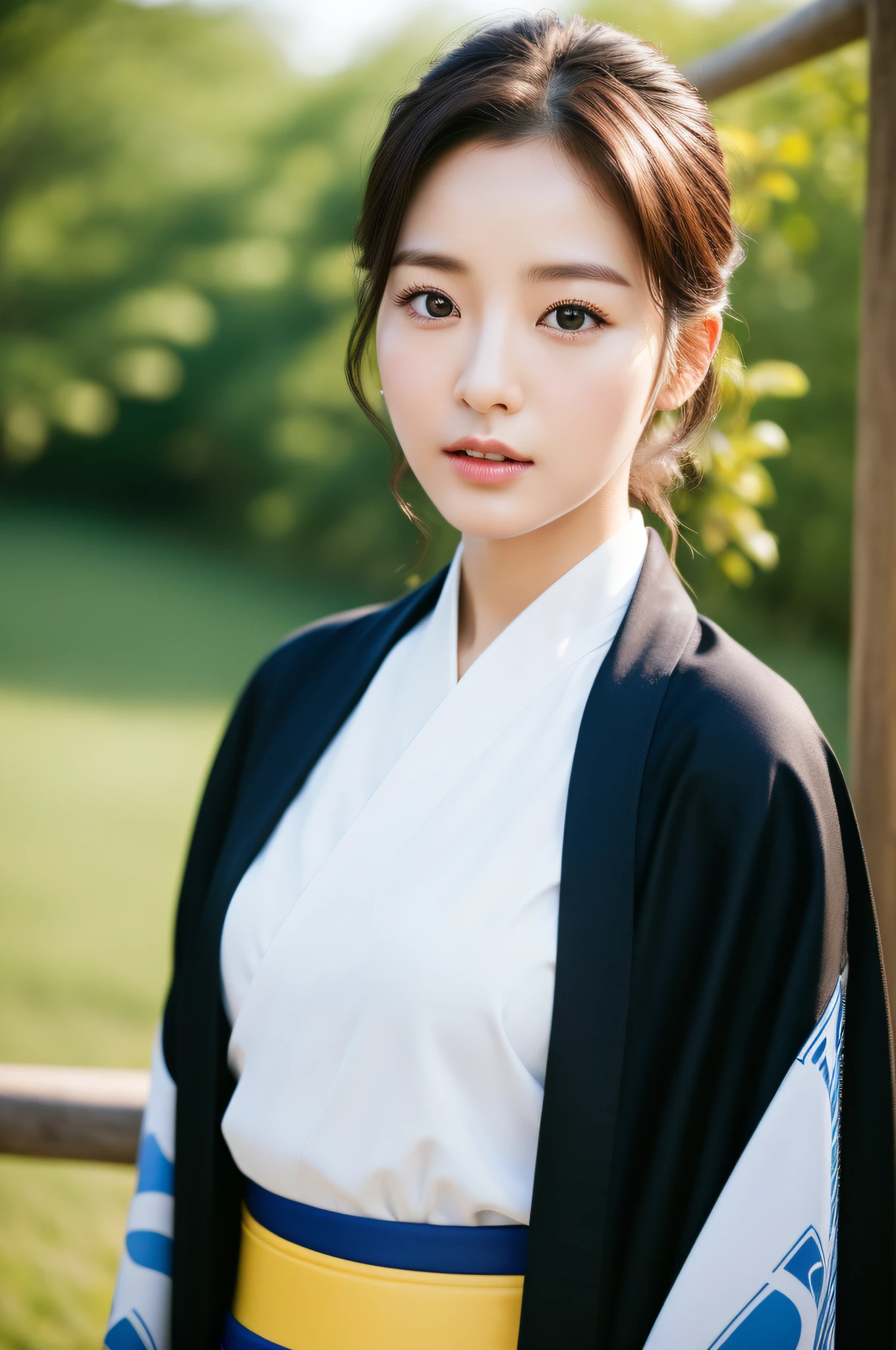 ((Best Quality, 8K, Masterpiece: 1.3)), Sharp Focus: 1.2, (Super Beautiful Face: 1.0), (Glossy Skin: 1.0), Realistic Photos, Black Hair, Realistic Pupils, Movie Lighting, Highly Detailed Eyes and Faces, Movie Lighting, (Cowboy Shot: 1.0), (Kimono, Hakama, Obi: 1.15), In Nature, (Korean Cute Actress)