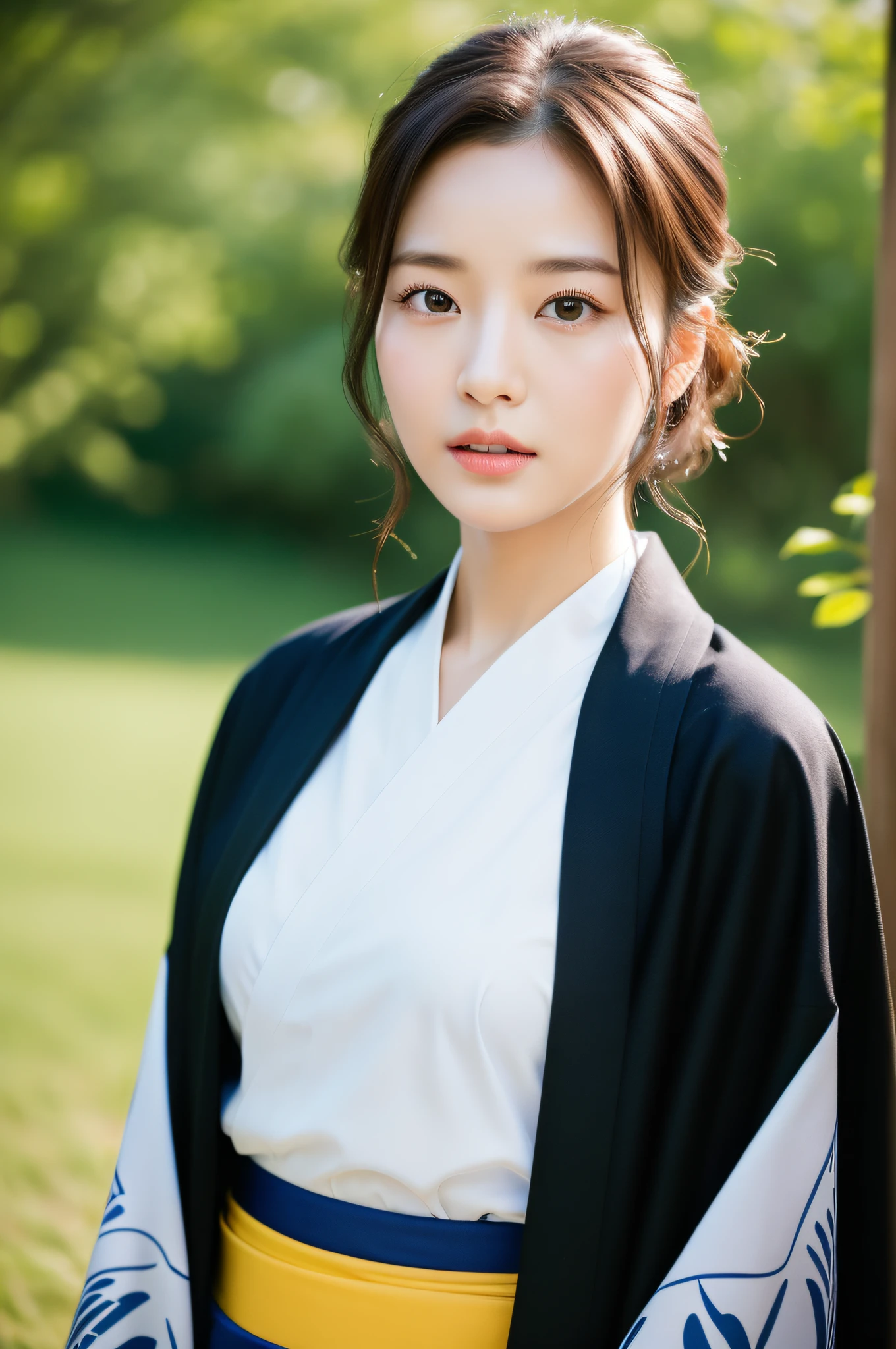 ((Best Quality, 8K, Masterpiece: 1.3)), Sharp Focus: 1.2, (Super Beautiful Face: 1.0), (Glossy Skin: 1.0), Realistic Photos, Black Hair, Realistic Pupils, Movie Lighting, Highly Detailed Eyes and Faces, Movie Lighting, (Cowboy Shot: 1.0), (Kimono, Hakama, Obi: 1.15), In Nature, (Korean Cute Actress)