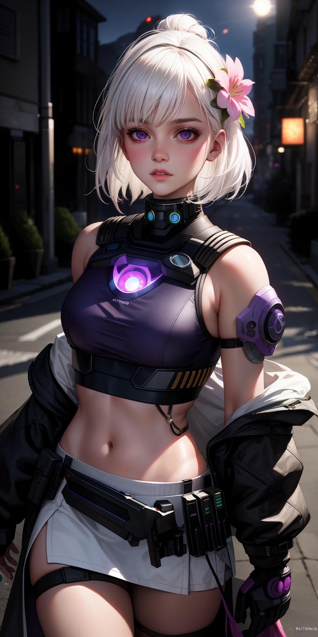 realistic, 1girl, white hair, purple eyes, glowing eyes, crop top, skirt, parted lips, blush, night, flowers, sun, sunlight, Apex legends, Wattson