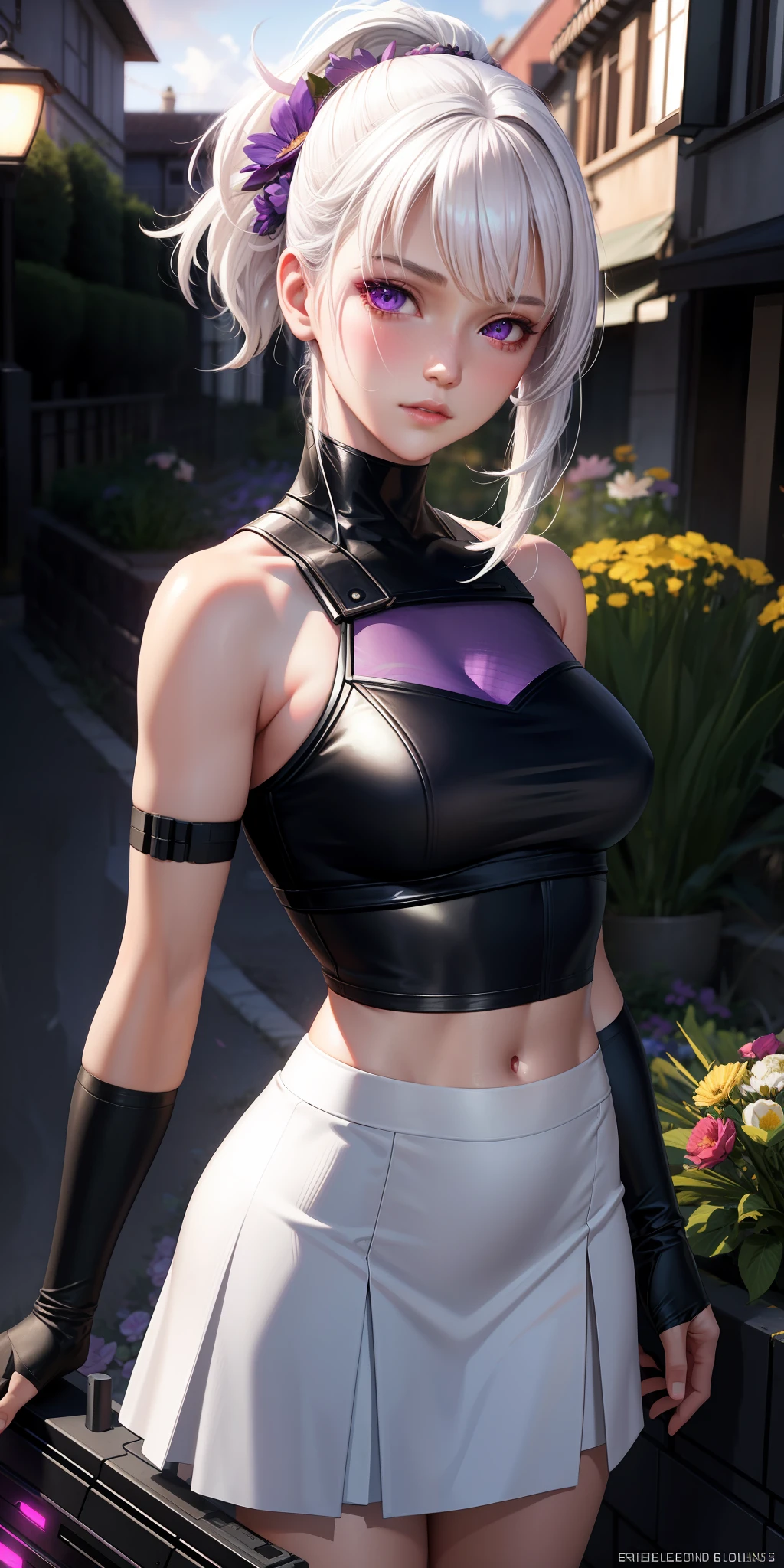 realistic, 1girl, white hair, purple eyes, glowing eyes, crop top, skirt, parted lips, blush, night, flowers, sun, sunlight, Apex legends, Wattson