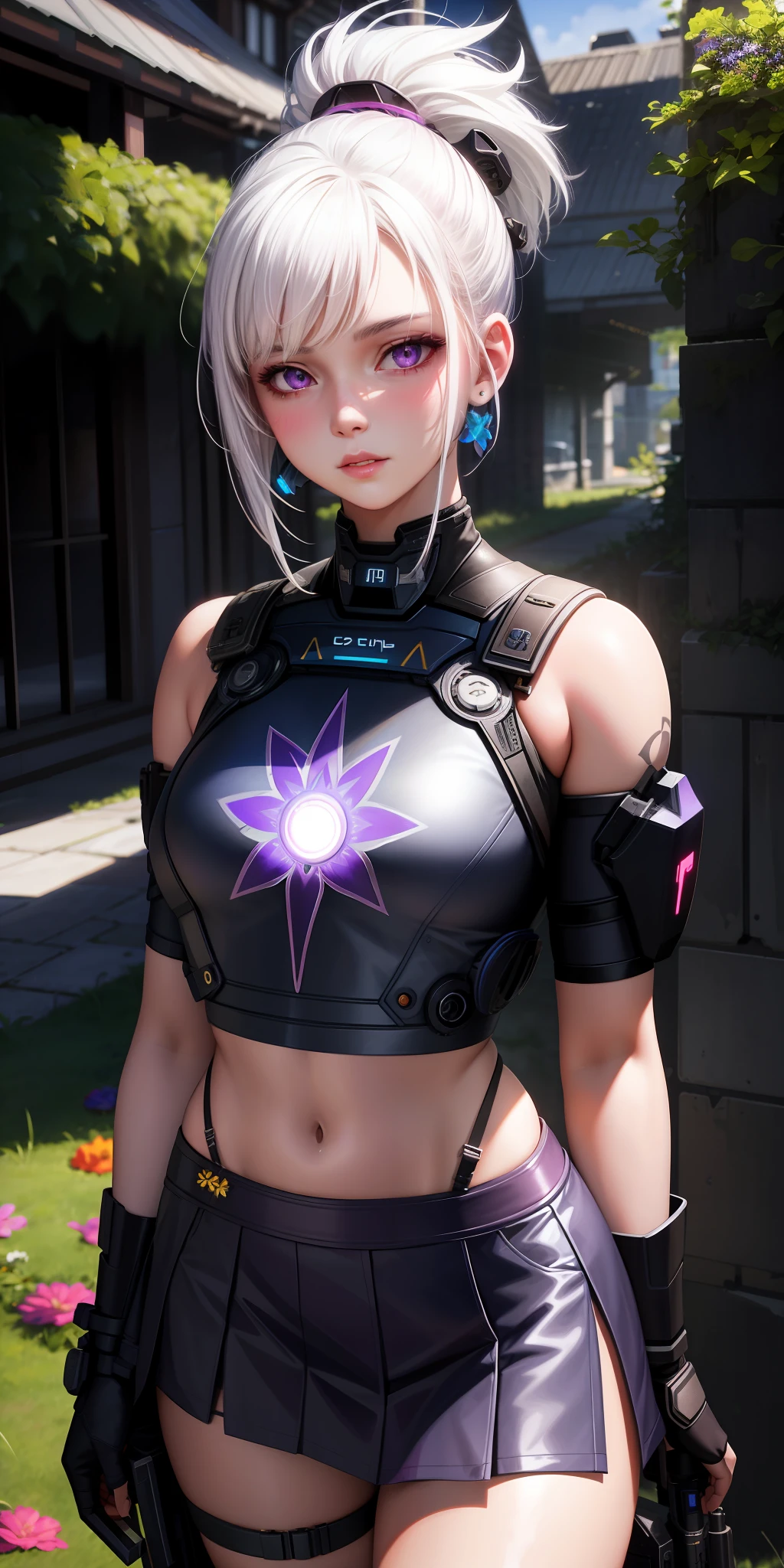 realistic, 1girl, white hair, purple eyes, glowing eyes, crop top, skirt, parted lips, blush, night, flowers, sun, sunlight, Apex legends, Wattson