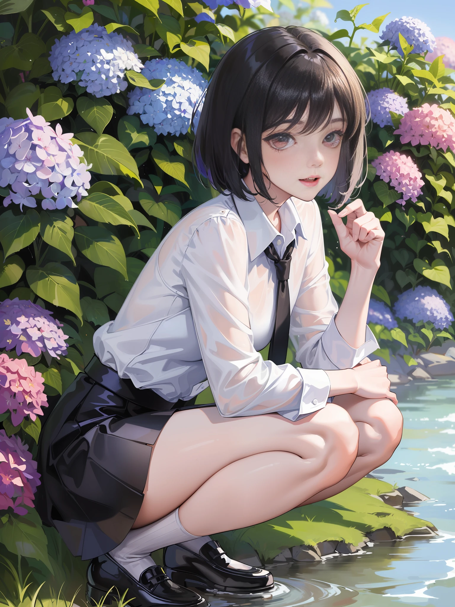 ((masterpiece, super detailed, fine detail, top quality, illustration)), blue sky, 20-year-old woman, beautiful woman, beautiful wet black hair, bob cut, beautiful red eyes, close-up, wet white shirt, tie, checked miniskirt, black socks, black shoes, a lot of hydrangea, rainbow visible, whole body, smile, looking up at the sky, squatting, white underwear,