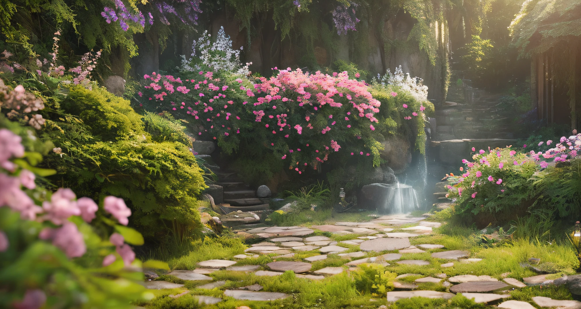 a beautiful garden with lush flowers, 8k, RAW photo, best quality, masterpiece: 1.5, ultra high resolution, photorealistic: 1.5, cinematic light, soft volumetric lighting: 1.5, realistic, photorealistic: 1, detailed skin, professional lighting, photography, sharp focus, detailed, professional lighting, photon mapping, detailed and intricate environment, highly detailed, best quality, artistic photography, photorealistic concept art, natural volumetric soft light perfect cinematic, MIDJOURNEY