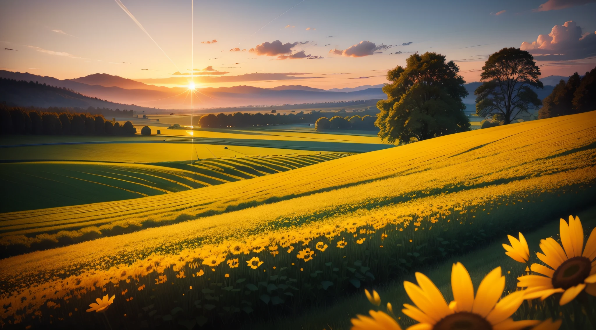 Tranquil images of nature, such as a sunrise or a field of flowers