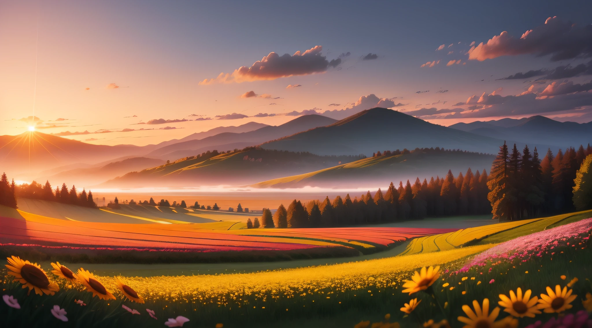 Tranquil images of nature, such as a sunrise or a field of flowers
