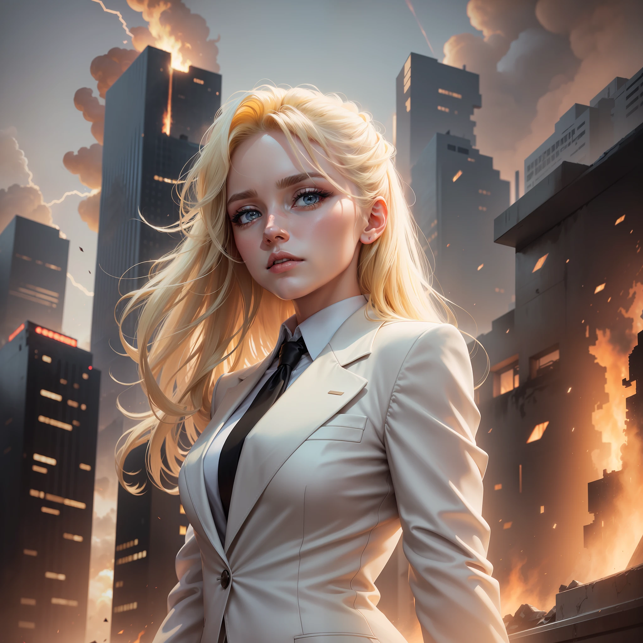 Ultra realistic image of a beautiful blonde woman, light eyes, dressed in a formal ensemble with a white blazer with black details, sad, on top of a building with a large explosion in the background, red glow reflecting in her eyes