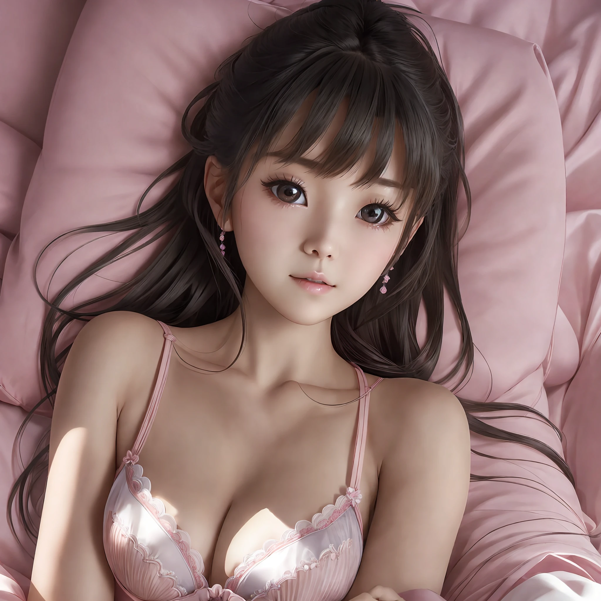 Close up portrait of woman lying on bed in pink bra, Japan model, small breasts, young sensual gravure idol, young cute gravure idol, realistic young gravure idol, realistic sensual gravure idol, young gravure idol, sophisticated gravure idol, young skinny gravure idol, beautiful asian girl, --auto --s2