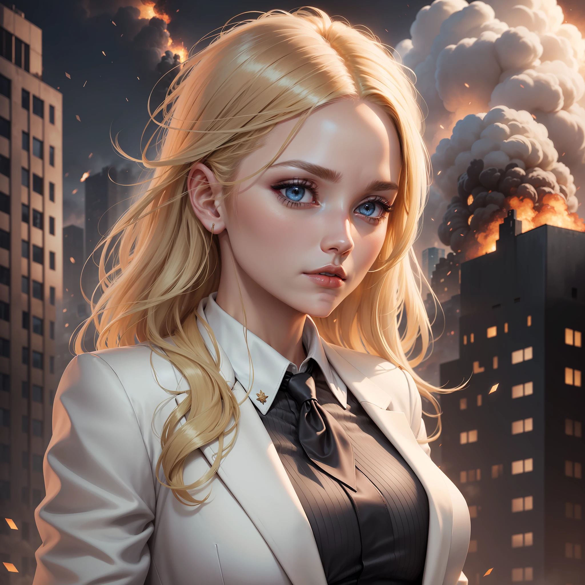 Ultra realistic image of a beautiful blonde woman, light eyes, dressed in a formal ensemble with a white blazer with black details, sad, on top of a building with a large explosion in the background, red glow reflecting in her eyes