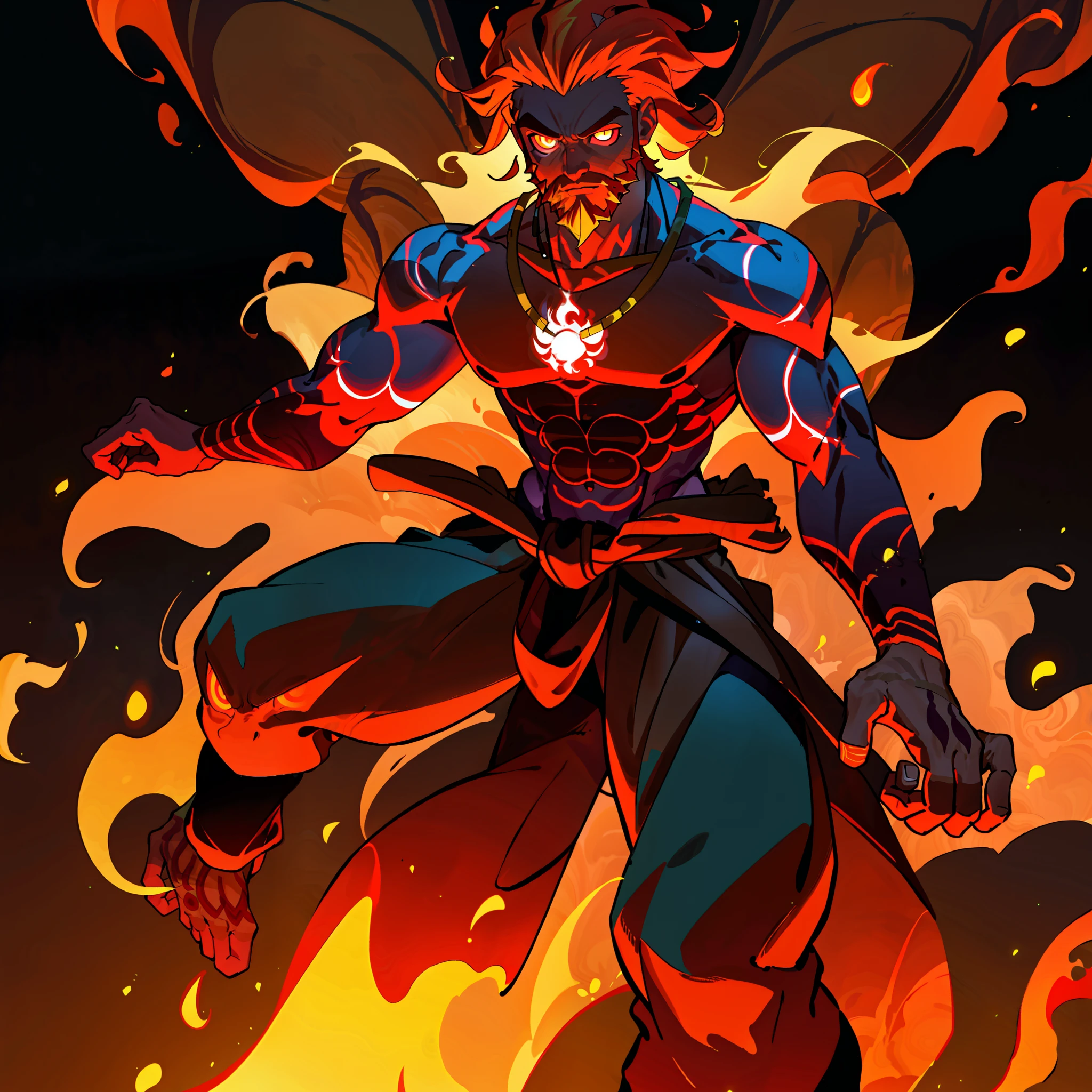 (Fire hair:1.0), brown skin, glowing eyes, (African male:1.0), muscle, fire background, glowing tattoos, 8k, high definition, huge resolution, (dreamlike style:1.0), bright colors, half body perspective, bone necklace, handsome, short beard,