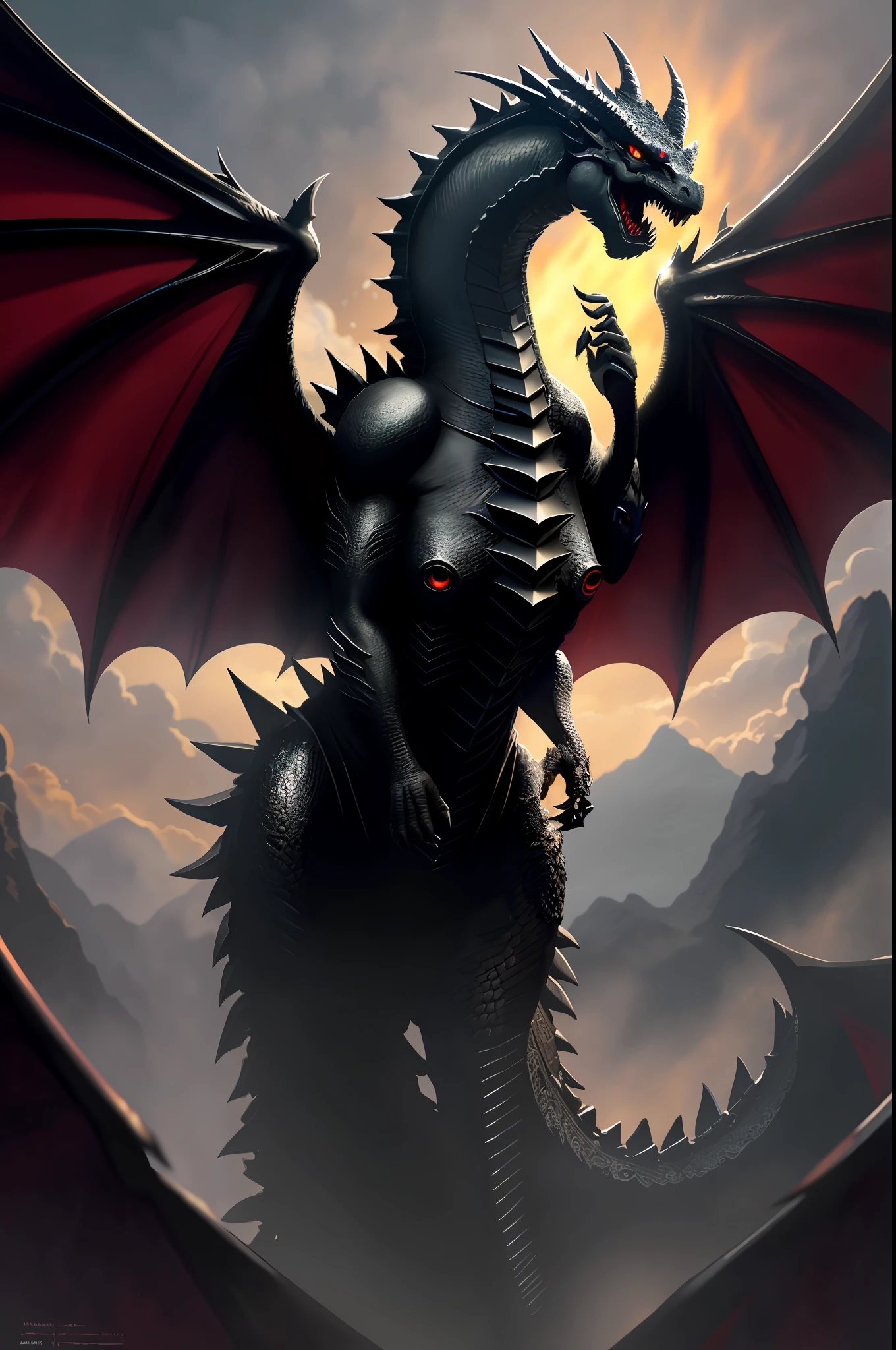 Black dragon, with four wings, monstrous look, award-winning digital art, absurd details, 4k, masterpiece, perfect illustration, soft lighting