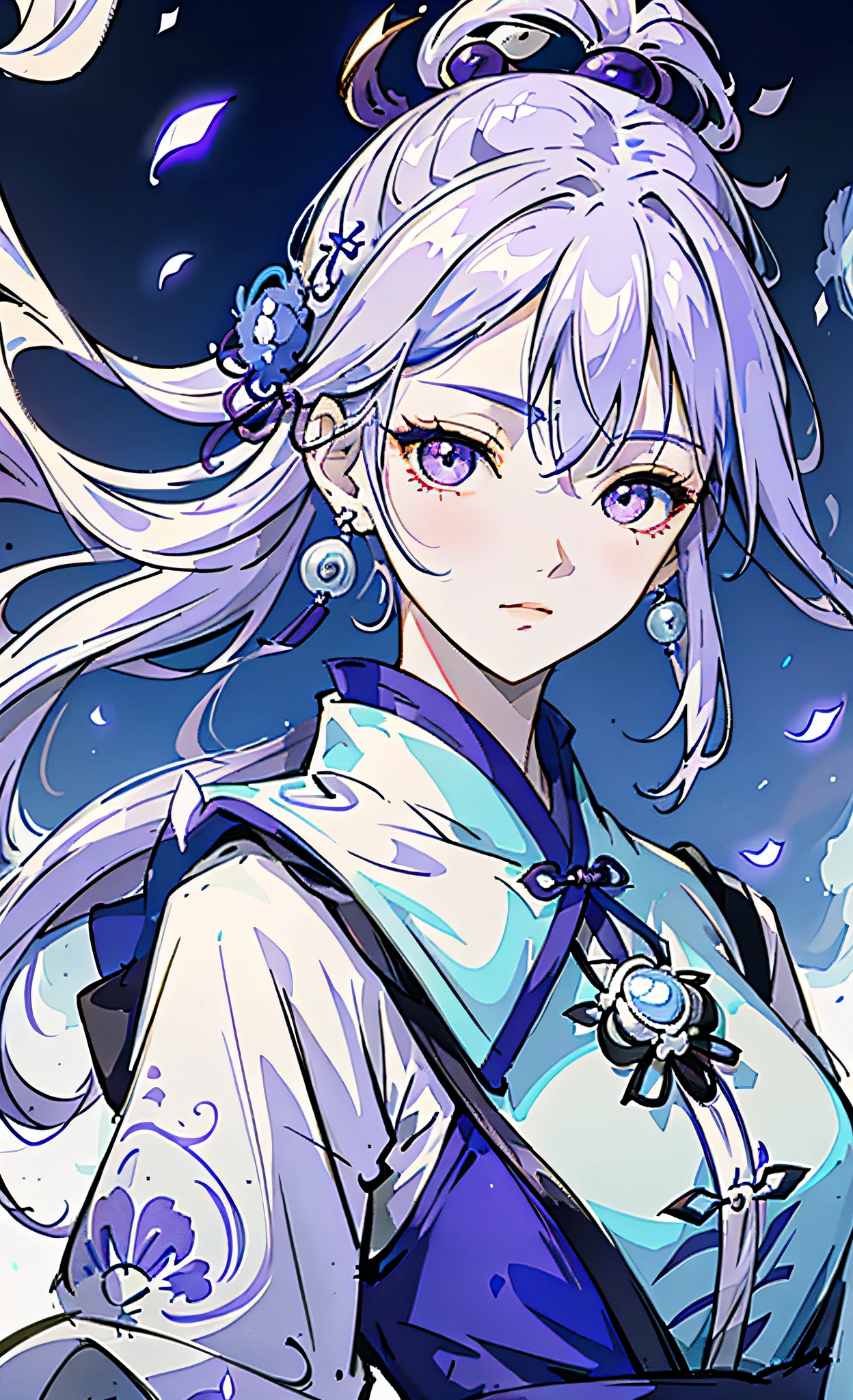 Mature girl, purple eyes, blue-white hair color, floating hair, delicate and flexible eyes, intricate damask hanfu, gorgeous accessories, wearing pearl earrings, fov, f/1.8, masterpiece, ancient Chinese architecture, blue sky, flower petals flying, front portrait shot, Chang'e, side lighting, sunlight on people, 8K