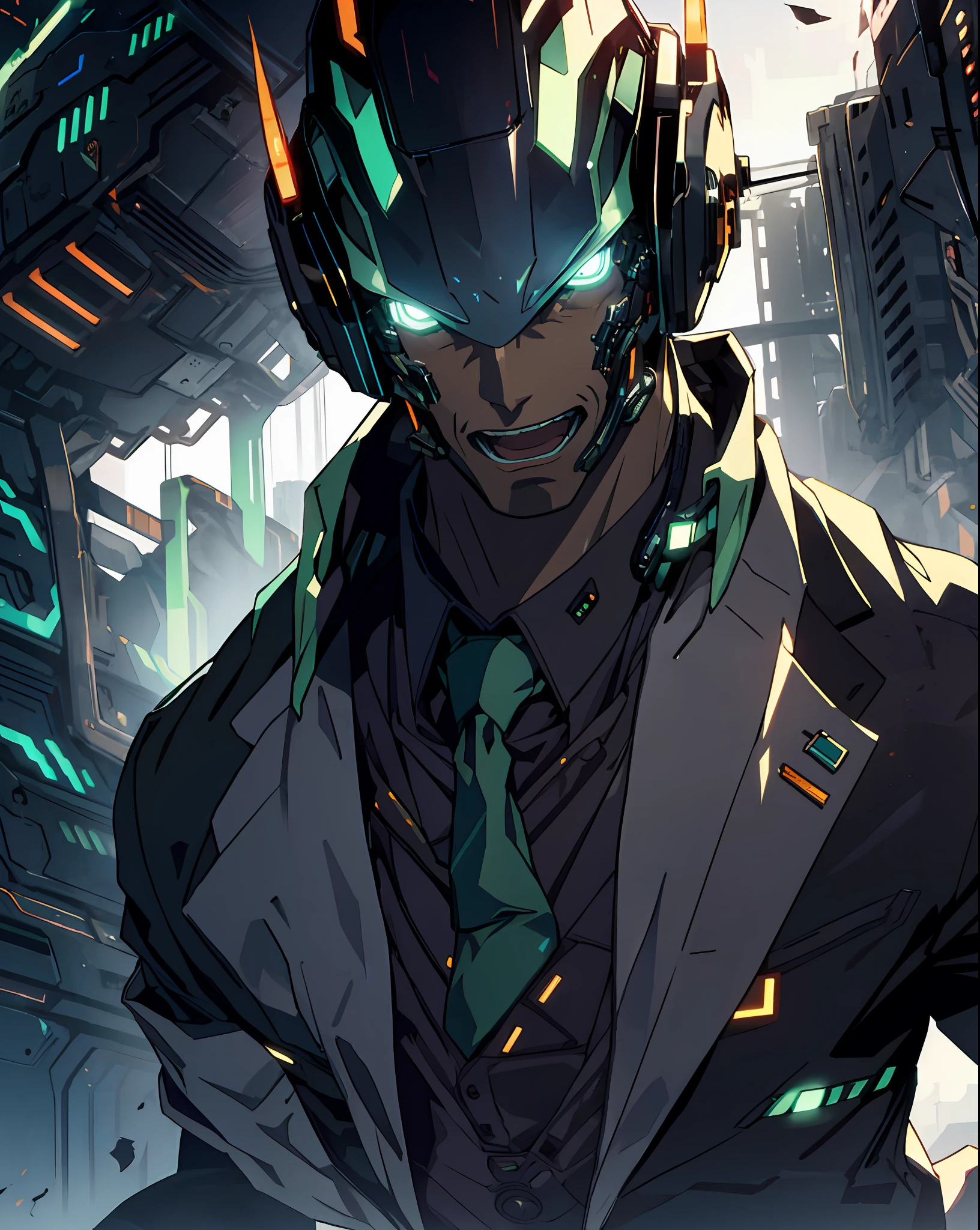 A man with a tie and a jacket, cyborg hand, upper body, green cybernetic eyes, ultra detailed, happy, open mouth,