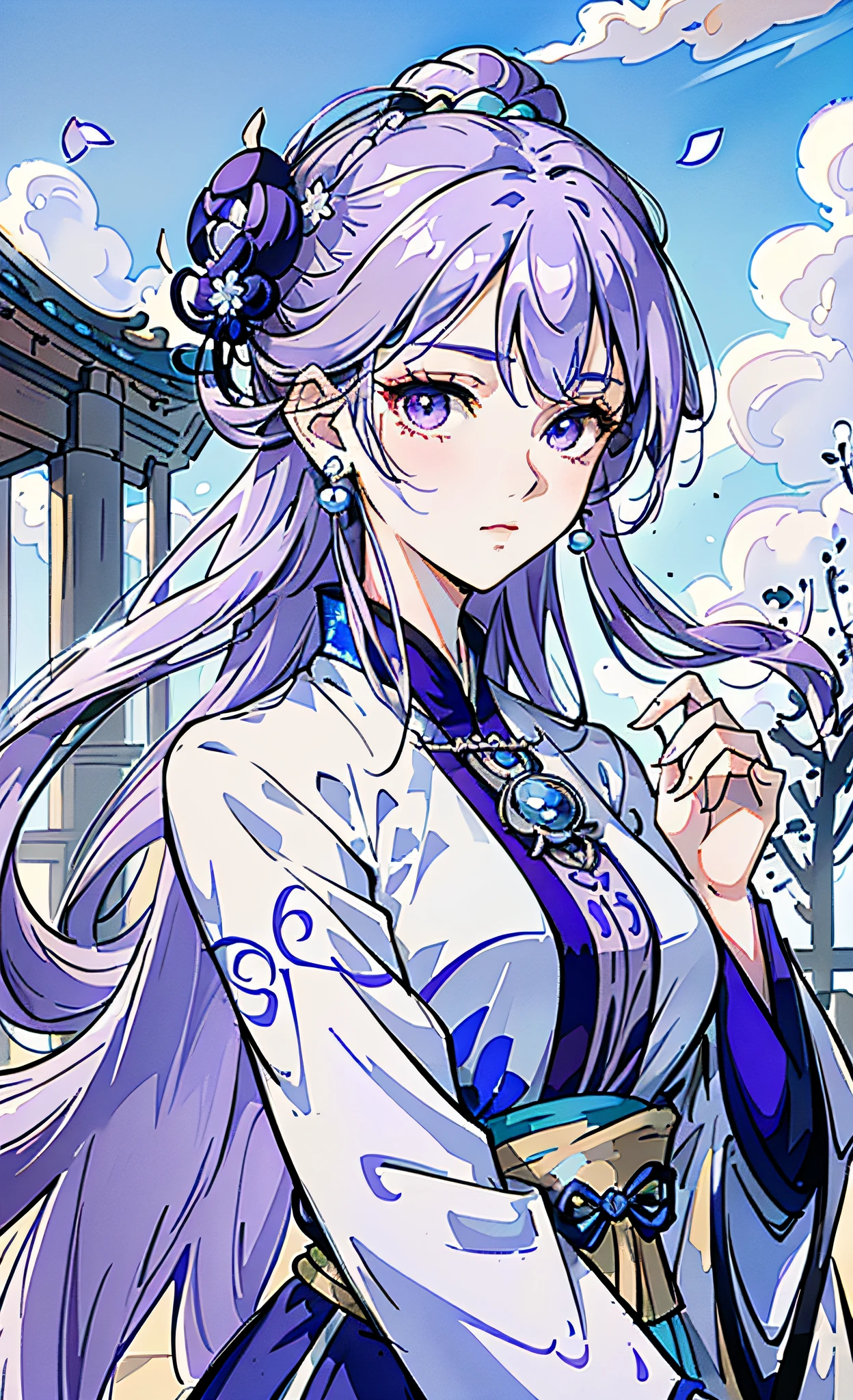 Mature girl, purple eyes, blue-white hair color, floating hair, delicate and flexible eyes, intricate damask hanfu, gorgeous accessories, wearing pearl earrings, fov, f/1.8, masterpiece, ancient Chinese architecture, blue sky, flower petals flying, front portrait shot, Chang'e, side lighting, sunlight on people, 8K