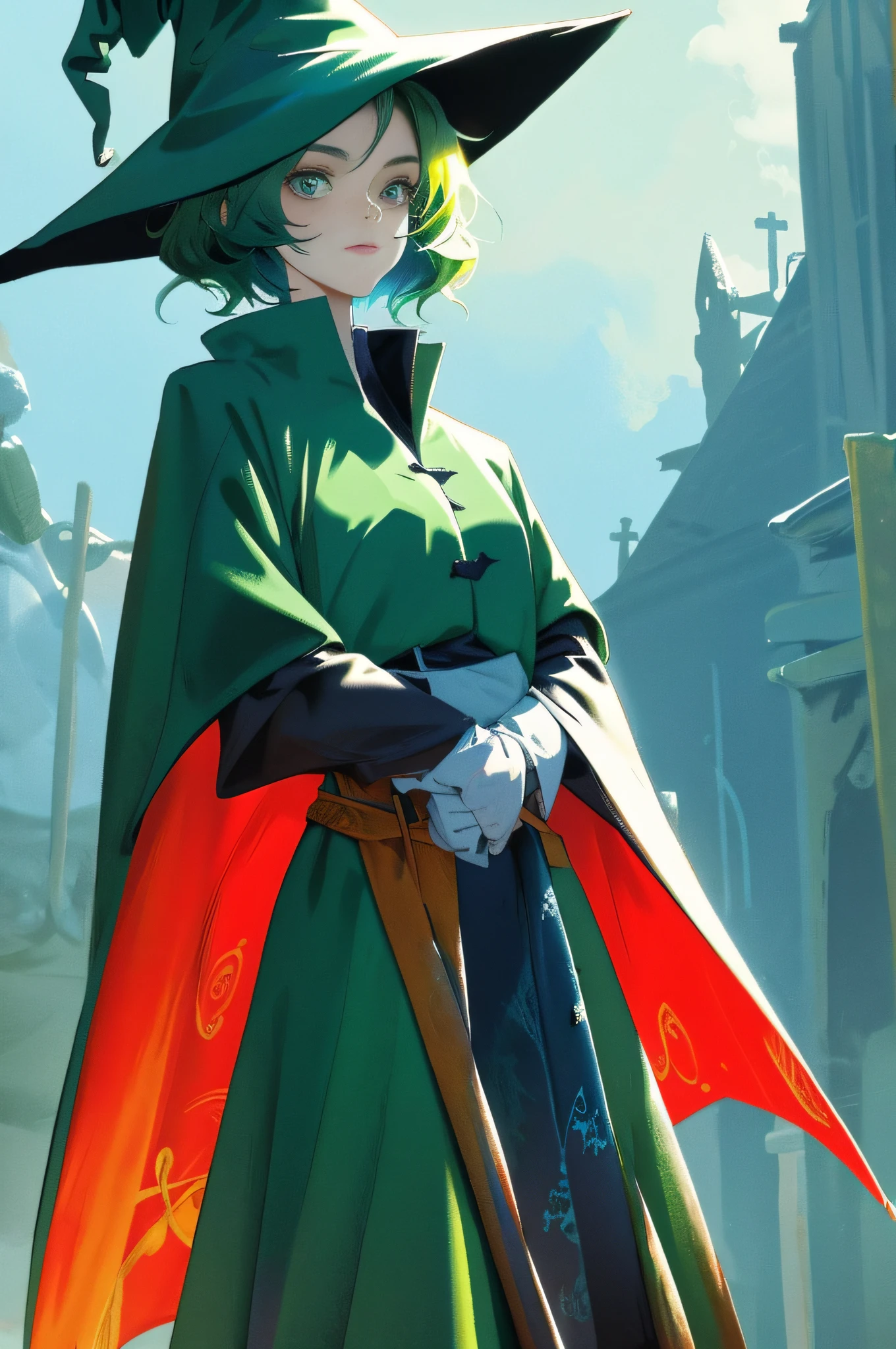 Witch Cadmium green in color, witch hat, witch outfit, Asymmetric cut hair, background fog and clouds of many colors, masterpiece, best quality, (in cartoon style)