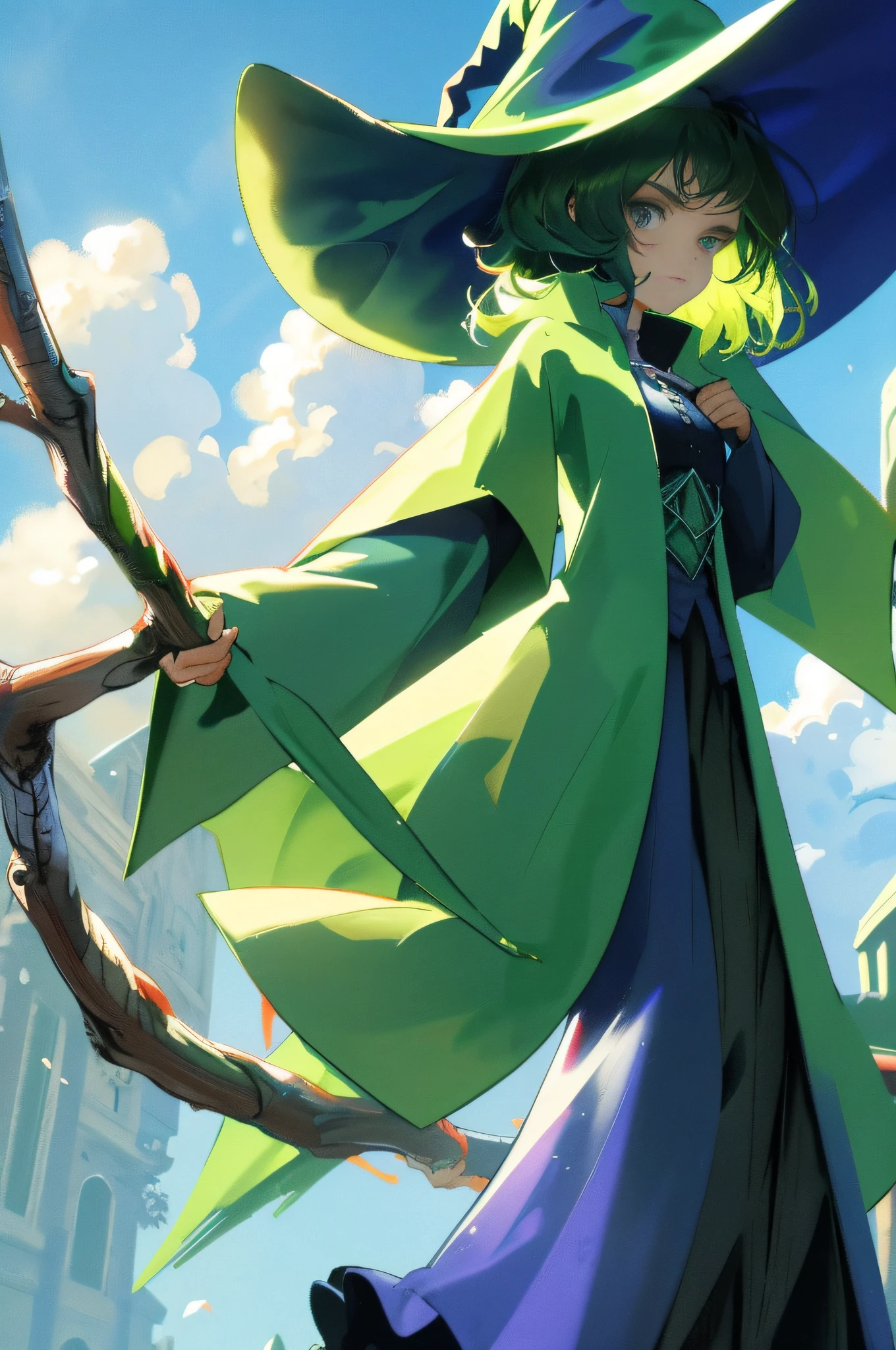 Witch Cadmium green in color, witch hat, witch outfit, Asymmetric cut hair, background fog and clouds of many colors, masterpiece, best quality, (in cartoon style)