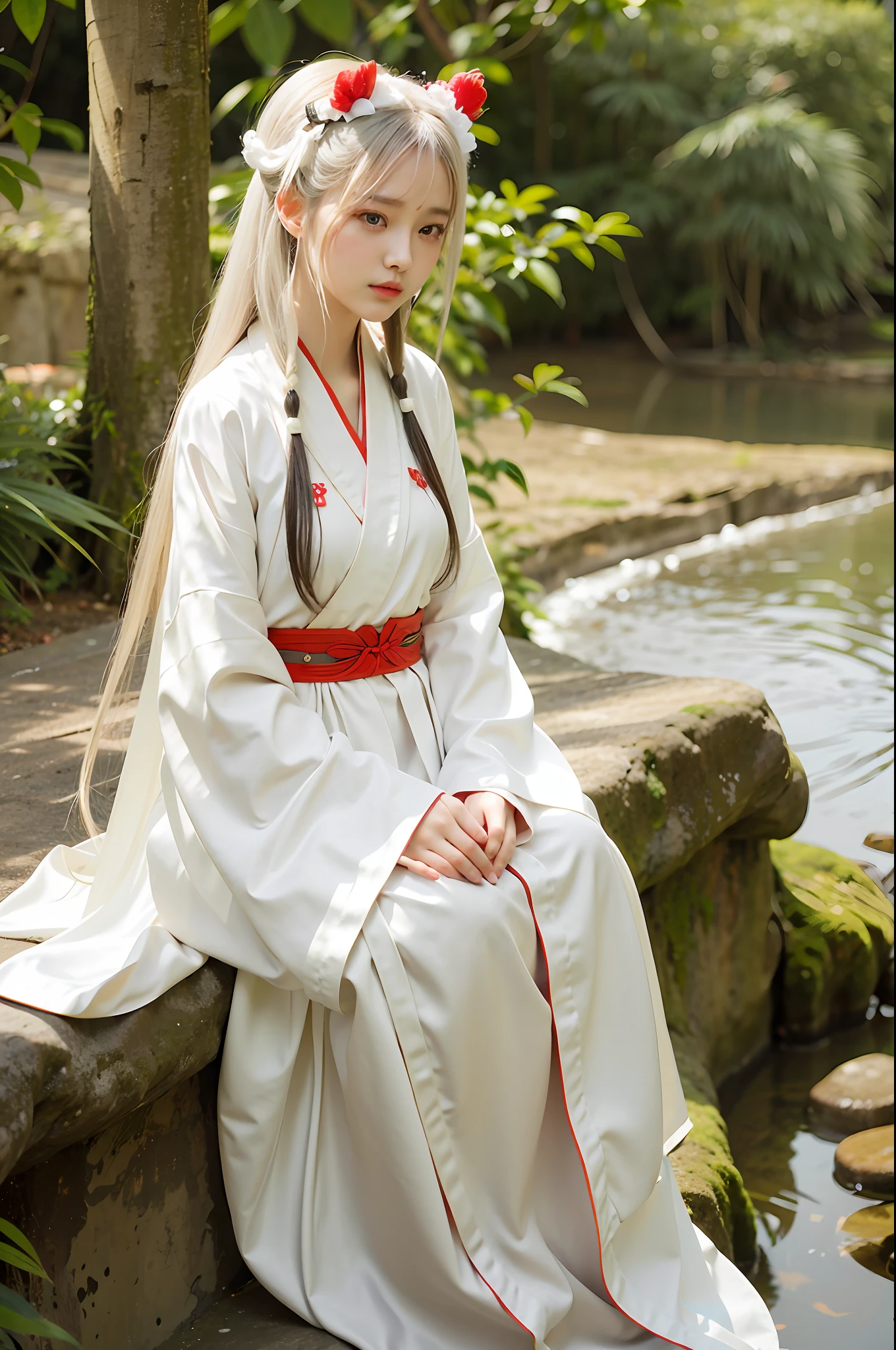 there is a woman in a white dress sitting on a ledge, white hanfu, palace ， a girl in hanfu, flowing hair and long robes, anime girl cosplay, flowing white robes, hanfu, anime cosplay, ancient white dress, long flowing white robe, chinese costume, wearing ancient chinese clothes, amaterasu, with acient chinese clothes