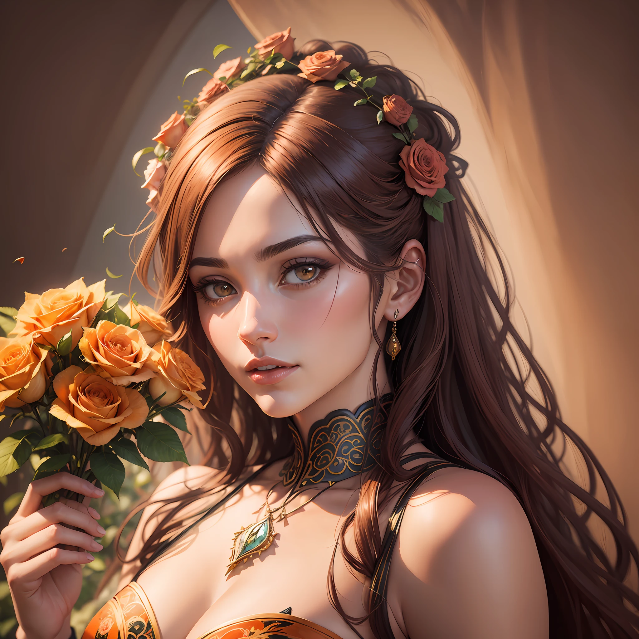 A realist painting of an Beautiful woman with art nouveau characteristcs, wine and orange roses, summer color, 50k, ultra realist, color grading, 3d effect --auto --s2