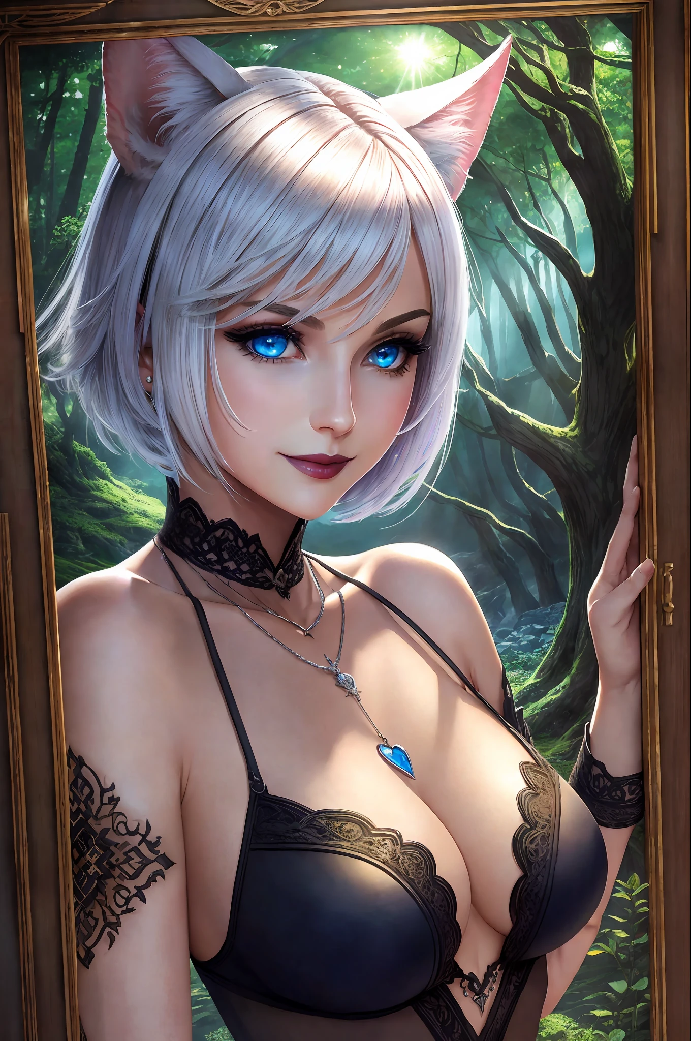 (masterpiece:1.2, best quality), (1lady, solo, upper body:1.2), small tits, dark makeup, Face close-up, Smile, (white short hair), blue eyes,cat girl, cat ears, (dark lipstick), miqote, final fantasy xiv, ((seductive)), nipple outline, (bangs), (heart necklace), BREAK Behind her, a green forest stretches out and beyond that, mountains rise in the distance, award winning 64k concept art, epic, god rays, centered, (masterpiece:1.2), (best quality:1.2), Amazing, highly detailed, beautiful, finely detailed, warm soft color grading, Depth of field, extremely detailed 8k, fine art, stunning, (crisp:1.5),vibrant, sunlit, (edge detection:1.2), absurdres