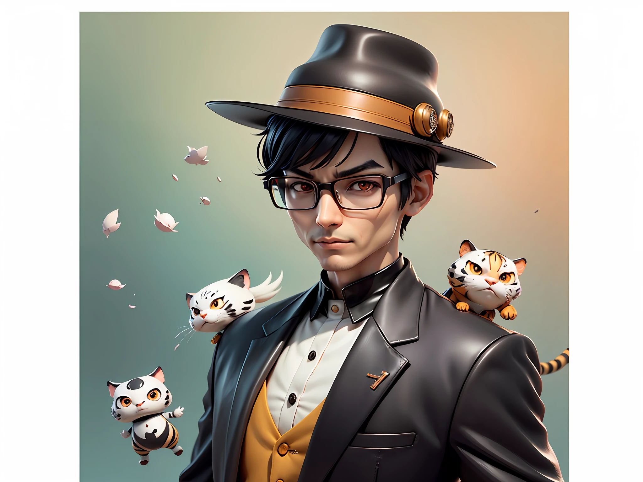 Young man with oriental face in leather hat, tiger, oriental face in formal suit, short black hair, silver glasses, digital painting, 3D character design by Mark Clairedon and Pixar and Hayao Miyazaki and Akira Toriyama, the illustration is a high-definition illustration in 4K resolution with very detailed facial features and cartoon-style visuals.
