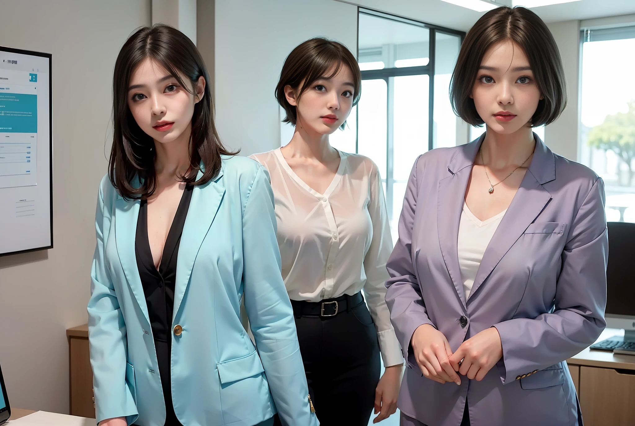 Masterpiece, best quality, photo, japanese,1girl,extremely detailed eyes,ultra-detailed,soft lighting, looking at viewer, mature female, shy, (Aqua eyes),healthy, sporty, positive thinking,wearing formal business suit, stand up in front of office,beautiful office, crative woman,intelligent woman,highly educated woman, short hair,black hair
