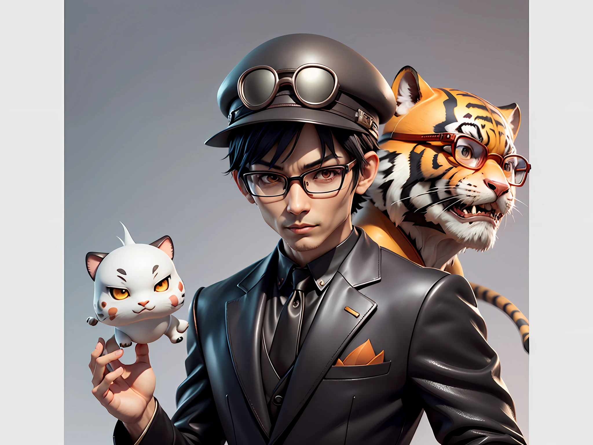 Young man with oriental face in leather hat, tiger, oriental face in formal suit, short black hair, silver glasses, digital painting, 3D character design by Mark Clairedon and Pixar and Hayao Miyazaki and Akira Toriyama, the illustration is a high-definition illustration in 4K resolution with very detailed facial features and cartoon-style visuals.