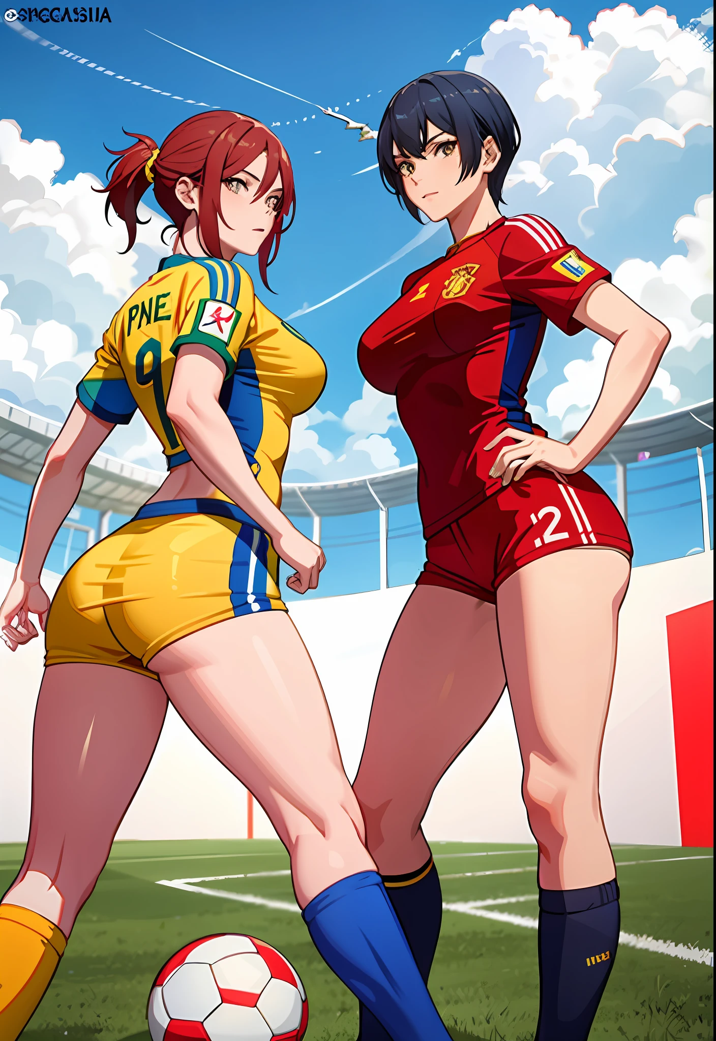 soccer player, spanish woman, spain national team female player, red uniform, brazilian woman brazil national team female player, yellow uniform, bite, soccer showdown, fierce, short hair, muscular, leg muscles, big breasts, big, big ass, big ass, blue sky, lawn