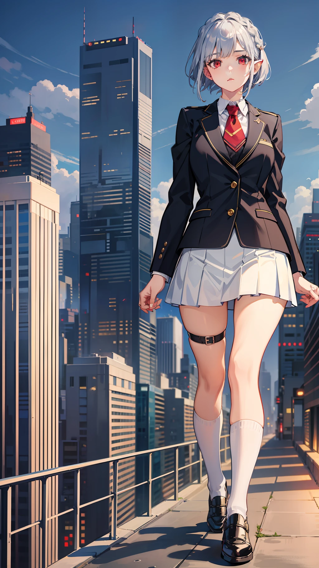 Overlooking the city, 1 girl full body, elf, silver hair, red eyes, bob cut, braid, school uniform, blazer uniform, mini skirt, walking, going to school, beautiful cityscape, concept art, beautiful anime scene, beautiful anime scenery, top rating on pixiv, top quality, 4K