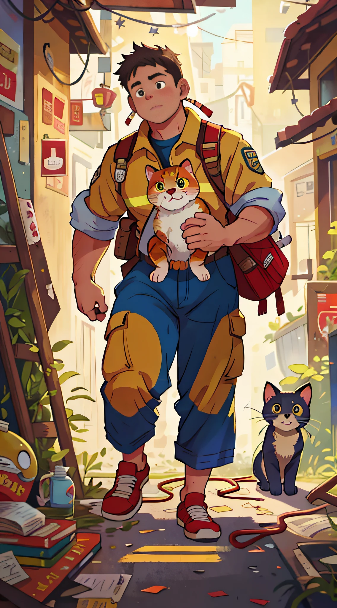 (A firefighter in a fire comes out of a kitten: 1.5), a person and a cat, pitiful, looking at each other, rushing out of the fire, clear focus (clutter - home: 0.8), (masterpiece: 1.2) (Realistic: 1.2) (Bokeh) (Best quality) (Detailed skin: 1.3) (Complex details) (8K) (Detail eyes) (sharp focus), full body, clean background, long frame composition, 85MM lens