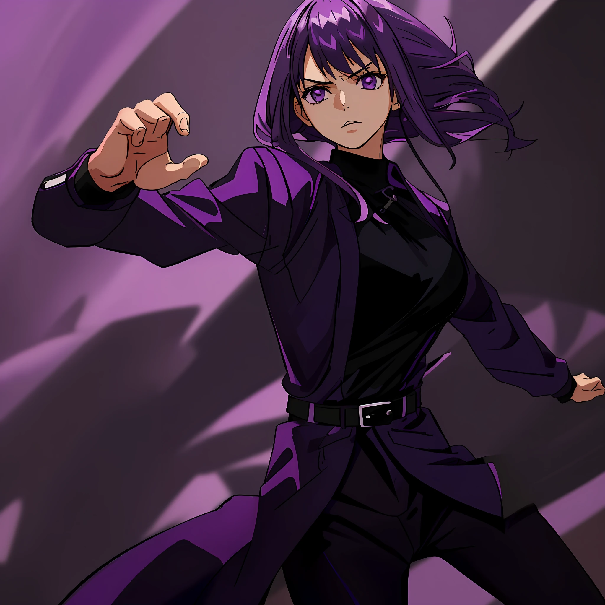 1woman, (((intense))), (((fighting stance)))), ((((((((solo))))))),purple hair, medium  purplehair, purple eyes, (((black jacket))), (((black pants))), (((purple dress))), well-built, (((masterpiece))), (((best quality))), (((highres))), ((perfect hands)), ((perfect anatomy)), ((large breasts))