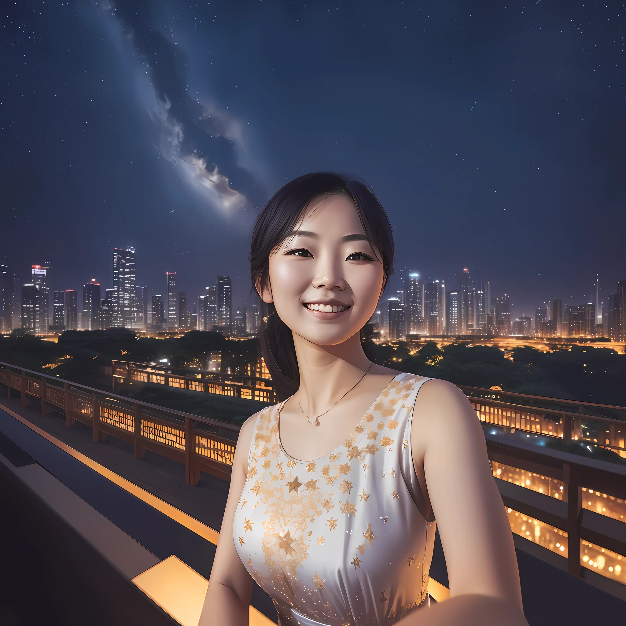 1 woman, Asian, 25 years, ((upper body selfie, happy)), masterpiece, best quality, ultra detailed, solo, outdoor, (night), tall buildings, nature, (galaxy), clear sky, style, (warm hue, warm tone).