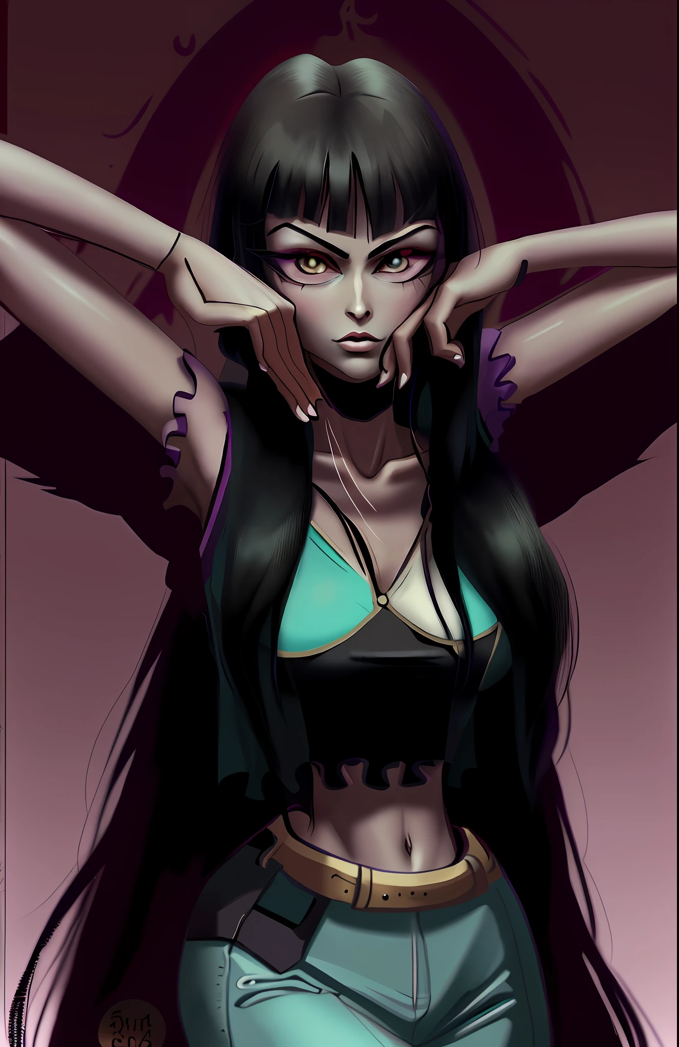 a cartoon drawing of a woman with long black hair and a purple shirt, nico robin, elvira in tattered clothes, 9 0 s anime art style, inspired by Rei Kamoi, in an anime style, morrigan, in a mixed style of æon flux, style of junji ito, 90s anime style, junji ito style