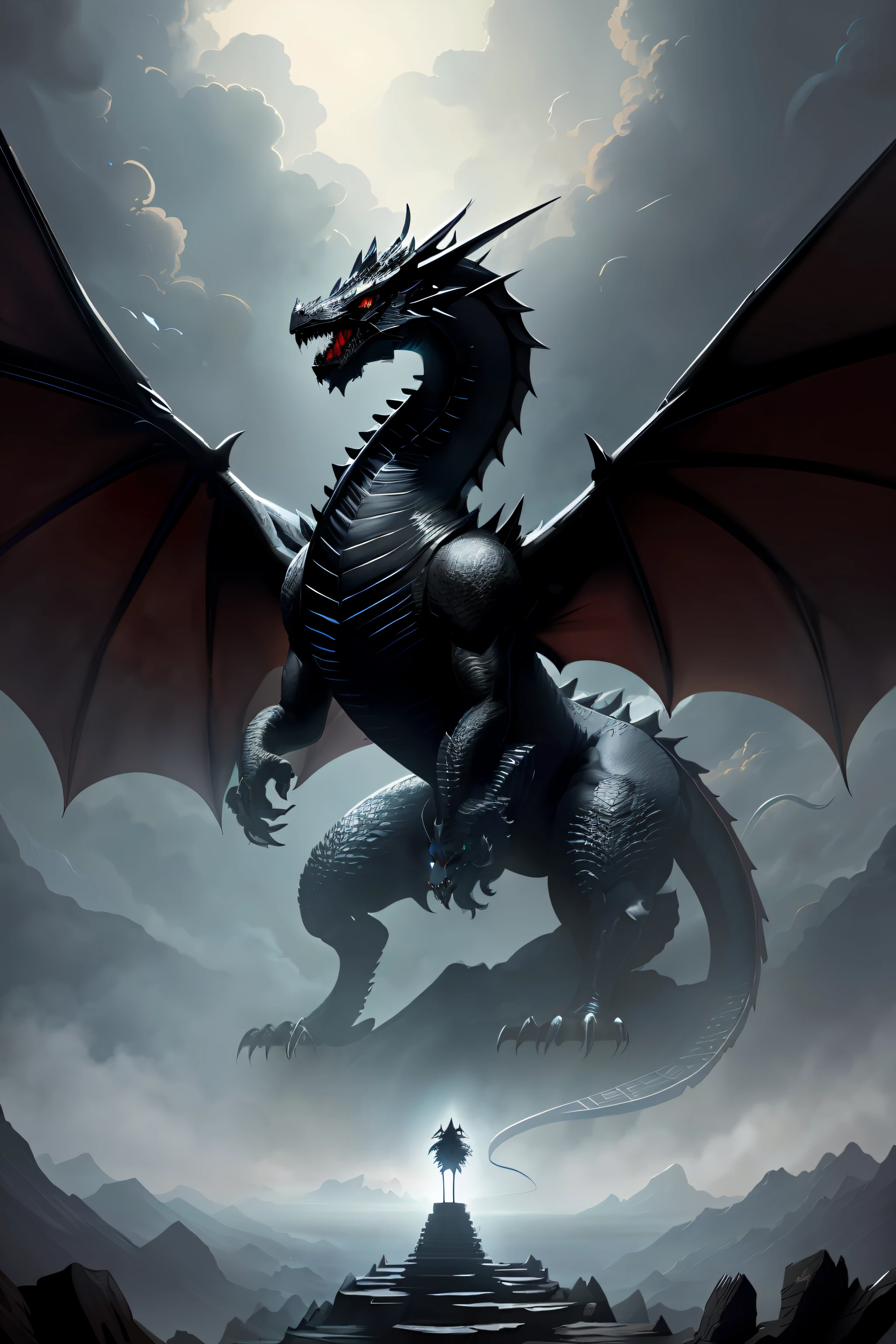 Black dragon, with two wings, monstrous, award-winning digital art, absurd details, 4k, masterpiece, perfect illustration, soft lighting