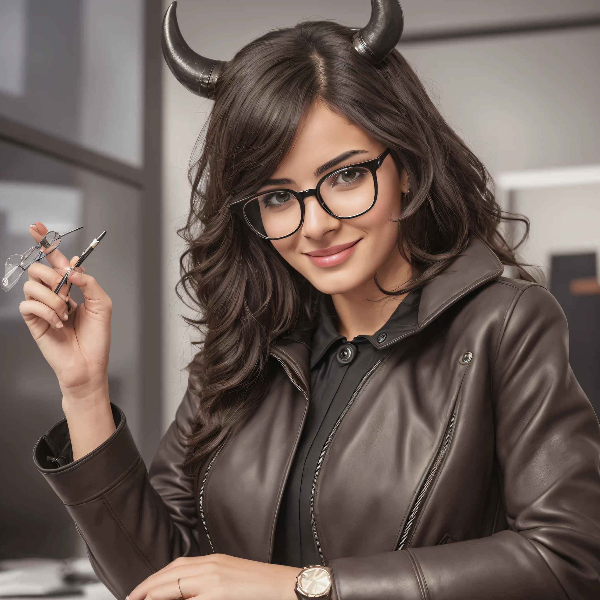 a woman with elegant anthropomorphic bull head wearing a fashion design of leather coat,wearing glasses,humanoto,lovely smile,cute,malika favre,realistic photo,bull body,in office environment --auto --s2
