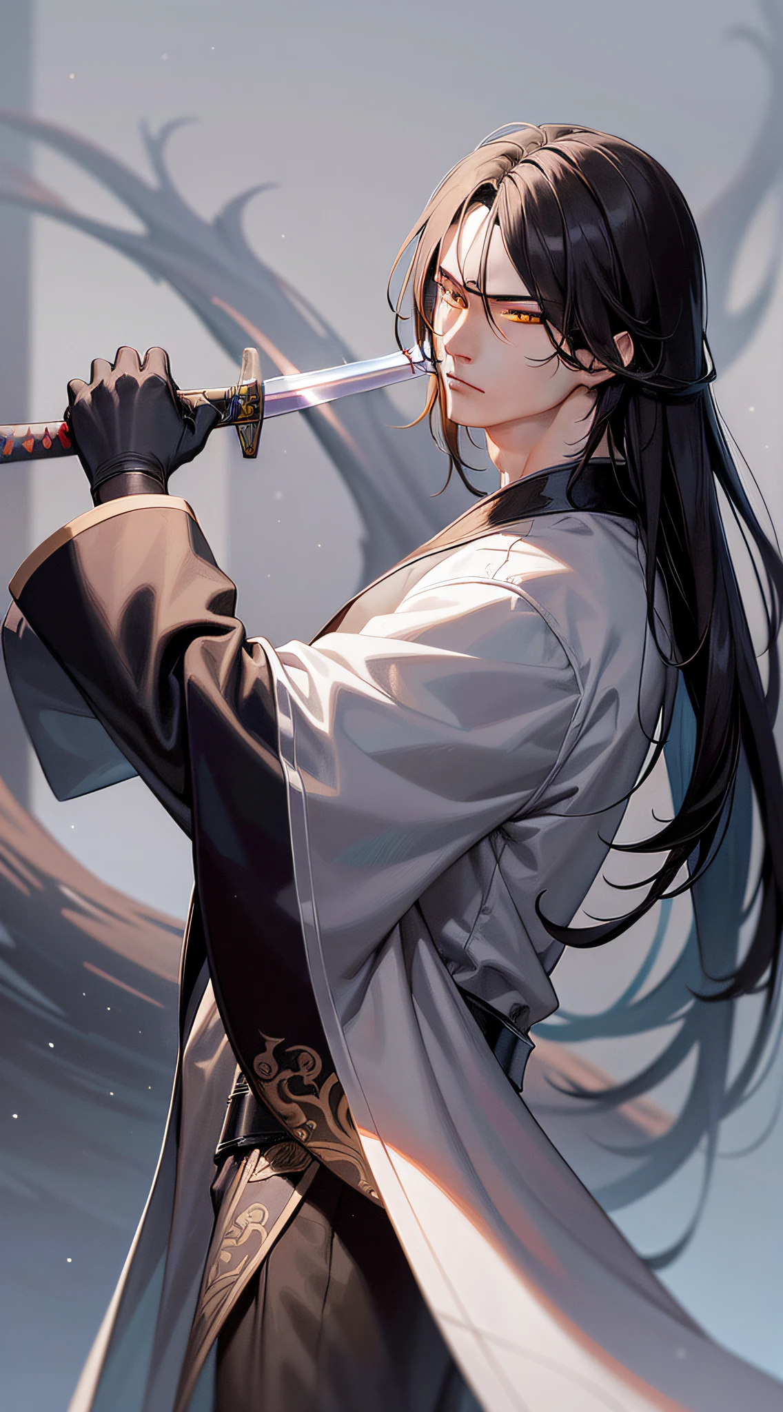 a closeup of a man with a sword in a black robe, a character portrait by Yang J, trend in cgsociety, fantasy art, beautiful character painting, guweiz-style art, guweiz, white hanfu, flowing white robes, full-body wuxia, exquisite epic character art, stunning character art, handsome man killer, male, black hair, one hand holding a katana, 1boy, (mature male: 1.4), 1boy, solo, , light yellow eyes, detailed eyes, quality eyes, high detailed sword, black robe, florest background, ultra detailed eyes, 4k eyes