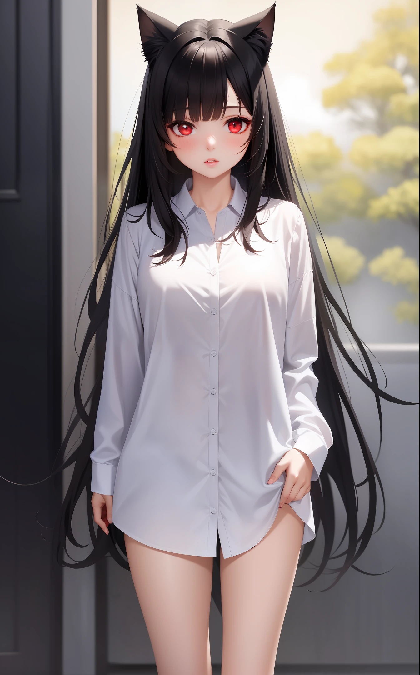 realistic, 1girl, black hair, red eyes, slit eyes, glowing eyes, oversized shirt, parted lips, blush, cat ears,
Size: 512x1024,