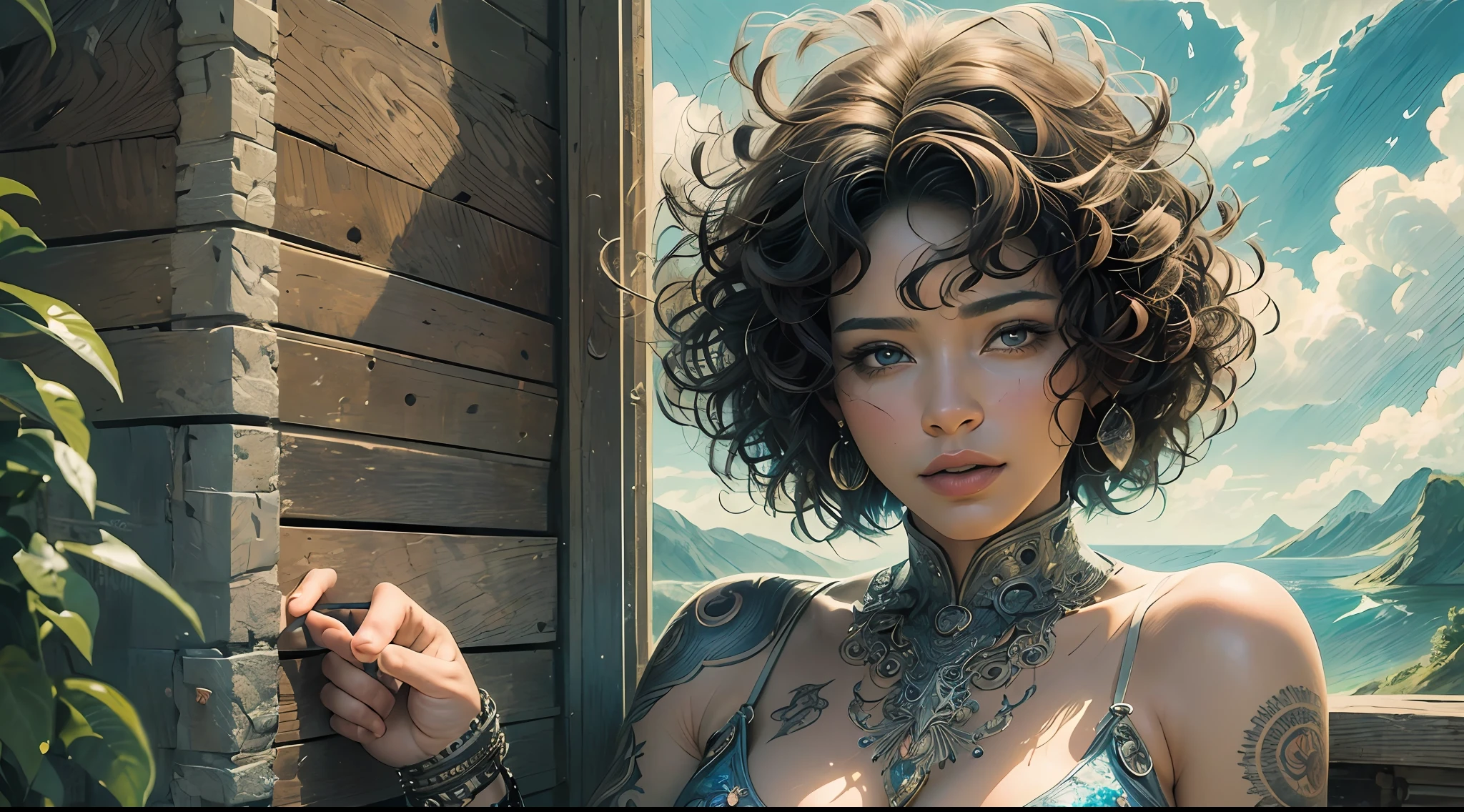 ((best quality)), ((masterpiece)), ((realistic drawing)), ((perfect character)) Empowered, featured, 30 years old, with short curly hair, confident expression, striking features, unique style, conveying strength and individuality, solo masterpiece, highly elaborate details, eye level, scenic, masterpiece --auto --s2