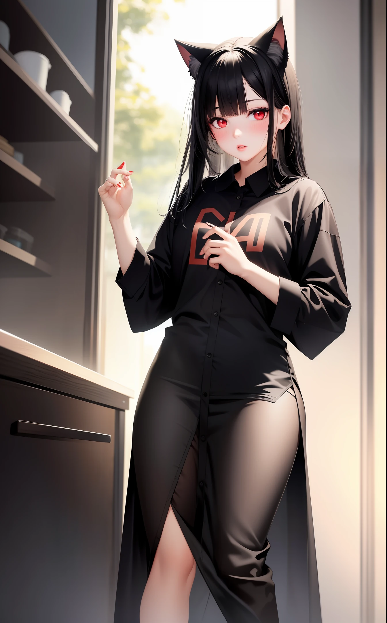 realistic, 1girl, black hair, red eyes, slit eyes, glowing eyes, oversized shirt, parted lips, blush, cat ears,
Size: 512x1024,