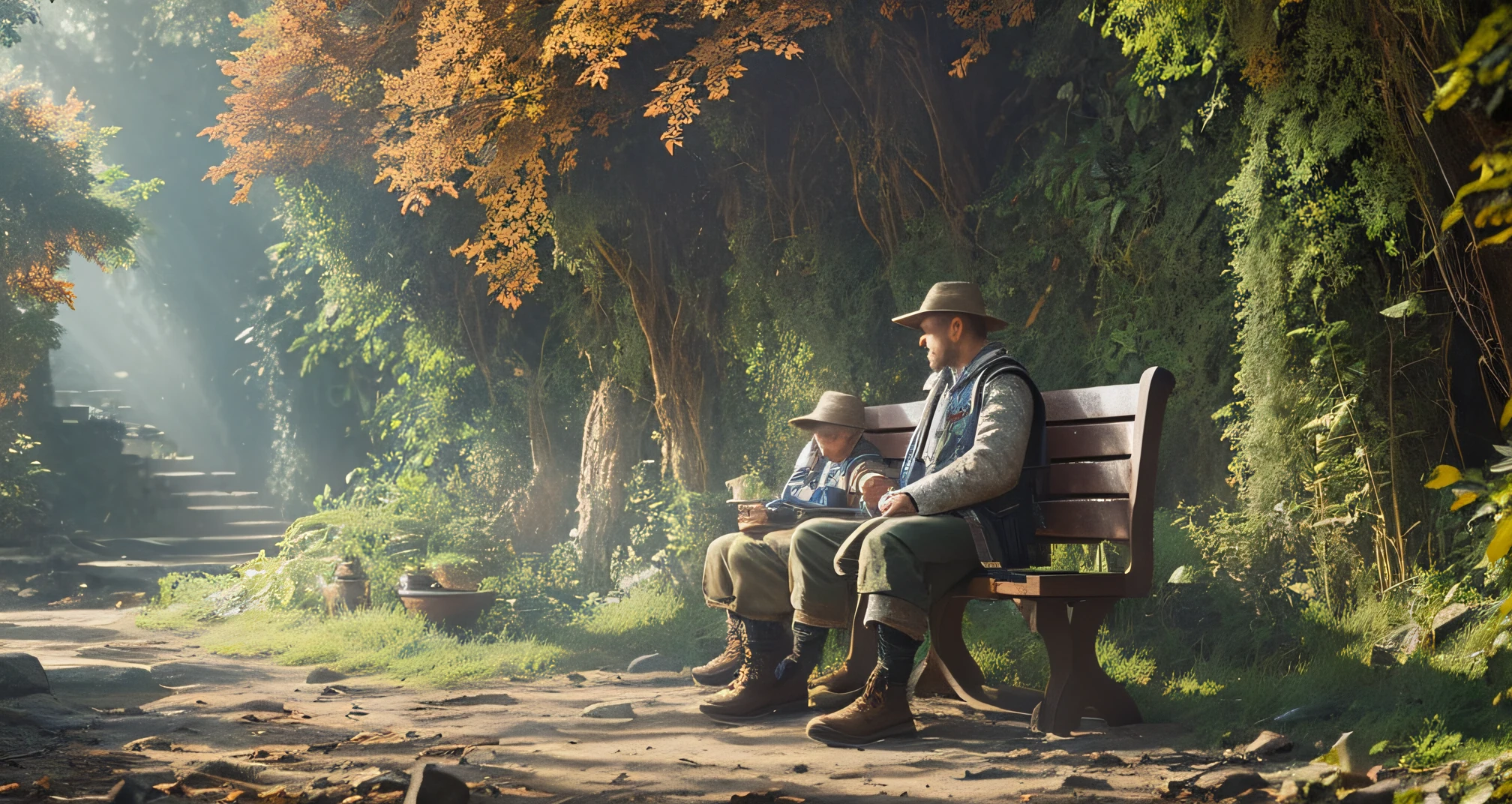 a boy, with father, sitting, on a bench, 8k, RAW photo, best quality, masterpiece: 1.5, ultra high resolution, photorealistic: 1.5, cinematic light, soft volumetric lighting: 1.5, realistic, photorealistic: 1, detailed skin, professional lighting, photography, sharp focus, detailed, professional lighting, photon mapping, detailed and intricate environment, highly detailed, best quality, artistic photography, photorealistic concept art, natural volumetric soft light perfect cinematic, MIDJOURNEY