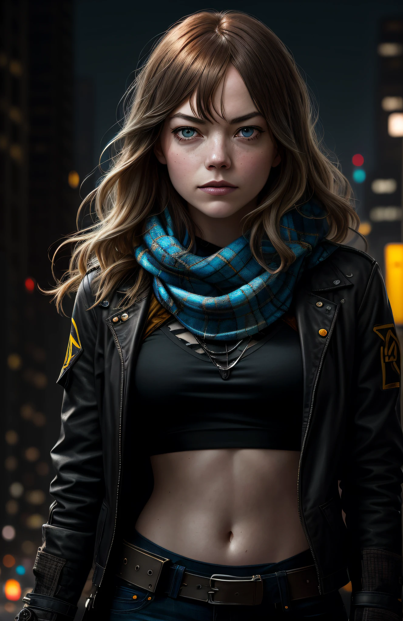 Emma Stone, (dark photo: 1.1), realistic epic, halo portrait, blue eyes, plaid scarf, long white hair, by Atey Ghailan, by Greg Rutkowski, by Greg Tocchini, by James Gilleard, by Joe Fenton, by Kaethe Butcher, yellow gradient, black, brown and magenta color scheme, grunge aesthetic!! Graffiti brand wall background, art by Greg Rutkowski and Artgerm, soft cinematic light, Adobe Lightroom, Photo Lab, HDR, intricate, highly detailed, (depth of field: 1.4), faded, (neutral colors: 1.2), (HDR: 1.4), (soft colors:1.2), hyperdetailed, (Artstation:1.4), cinematic, warm lights, dramatic light, (intricate details:1.1), complex background, (Rutkowski:0.66), (blue and orange:0.4)