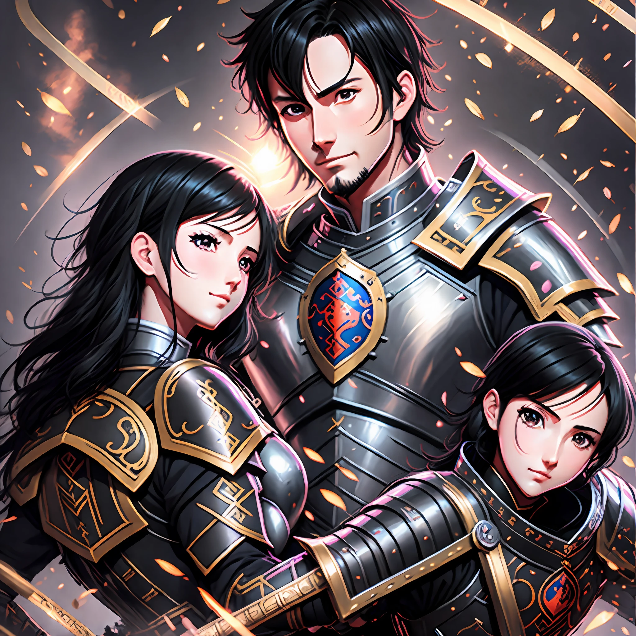 anime - couple style dressed in armor, black haired man, black haired woman, posing for a frame in sword fighting, blush, Romanticism --auto --s2