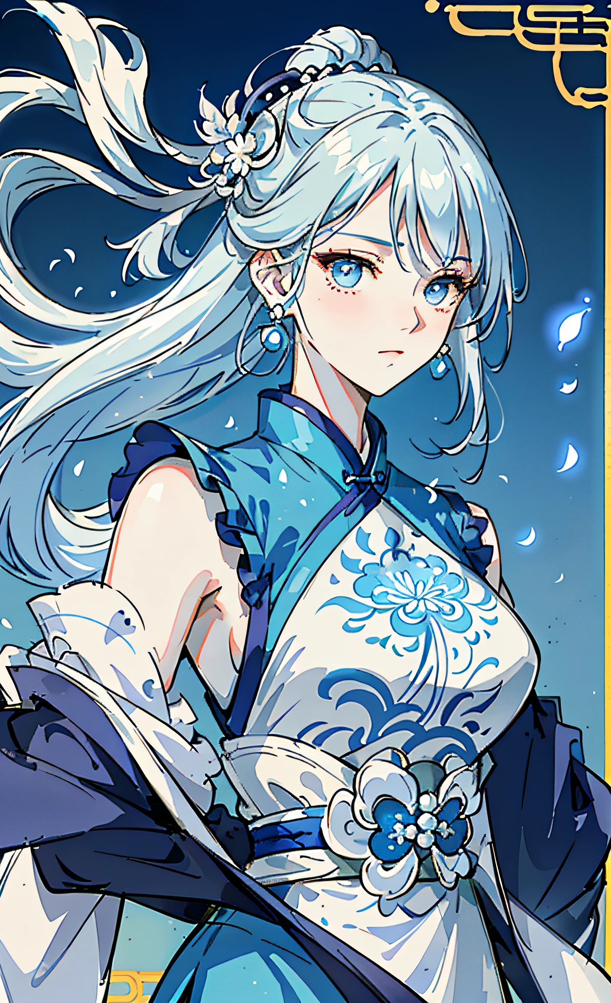 Mature girl, blue and white hair color, floating hair, delicate and flexible eyes, intricate brocade hanfu, gorgeous accessories, wearing pearl earrings, FOV, f/1.8, masterpiece, ancient Chinese style architecture, blue sky, flower petals flying, front portrait shot, Chang'e, side lighting, sunlight shining on people