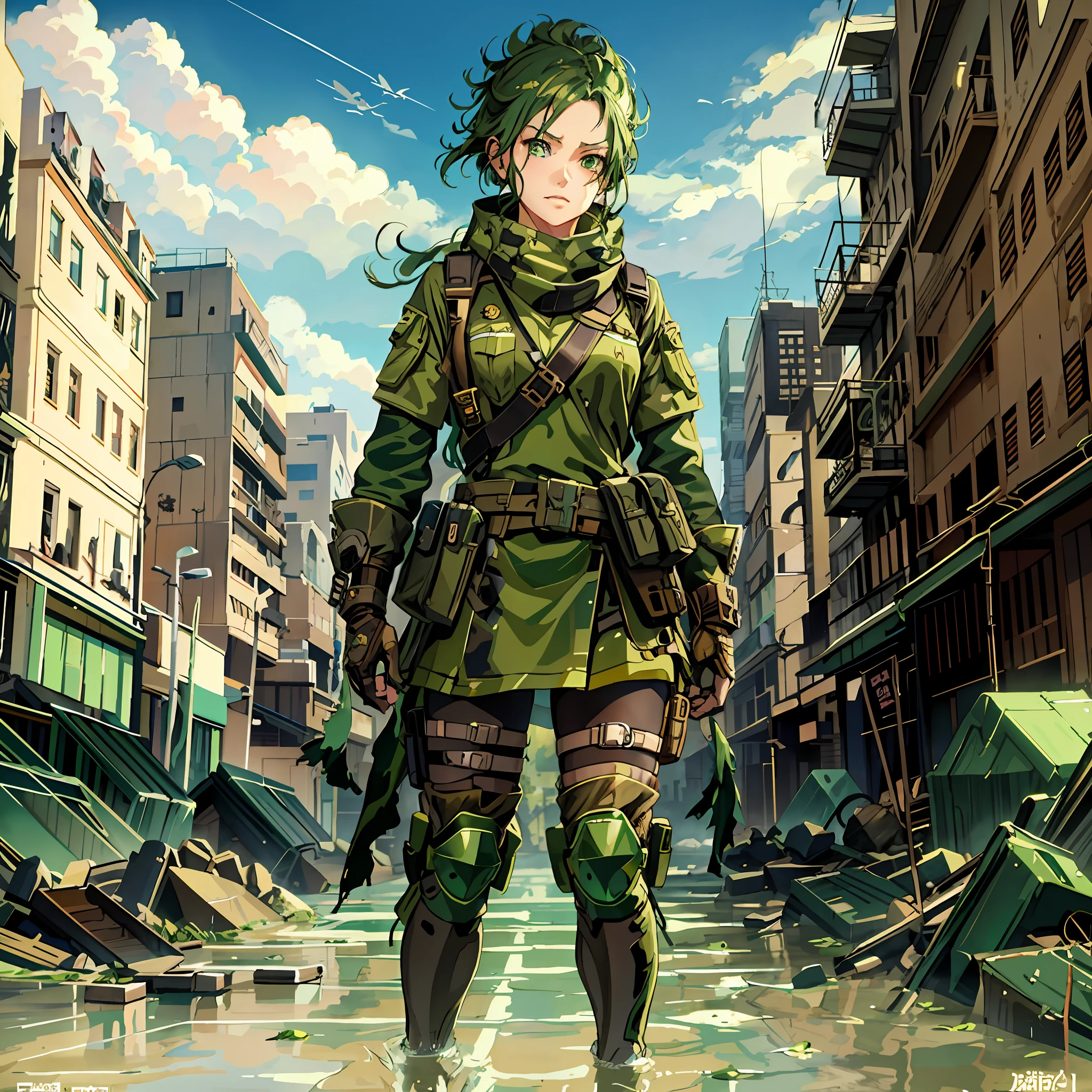 anime - style woman in a green outfit standing in a flooded street, mechanized soldier girl, artwork in the style of guweiz, wojtek fus, postapocalyptic style, infantry girl, mighty princess of the wasteland, postapocalyptic vibes, postapocalyptic explorer, guweiz on artstation pixiv