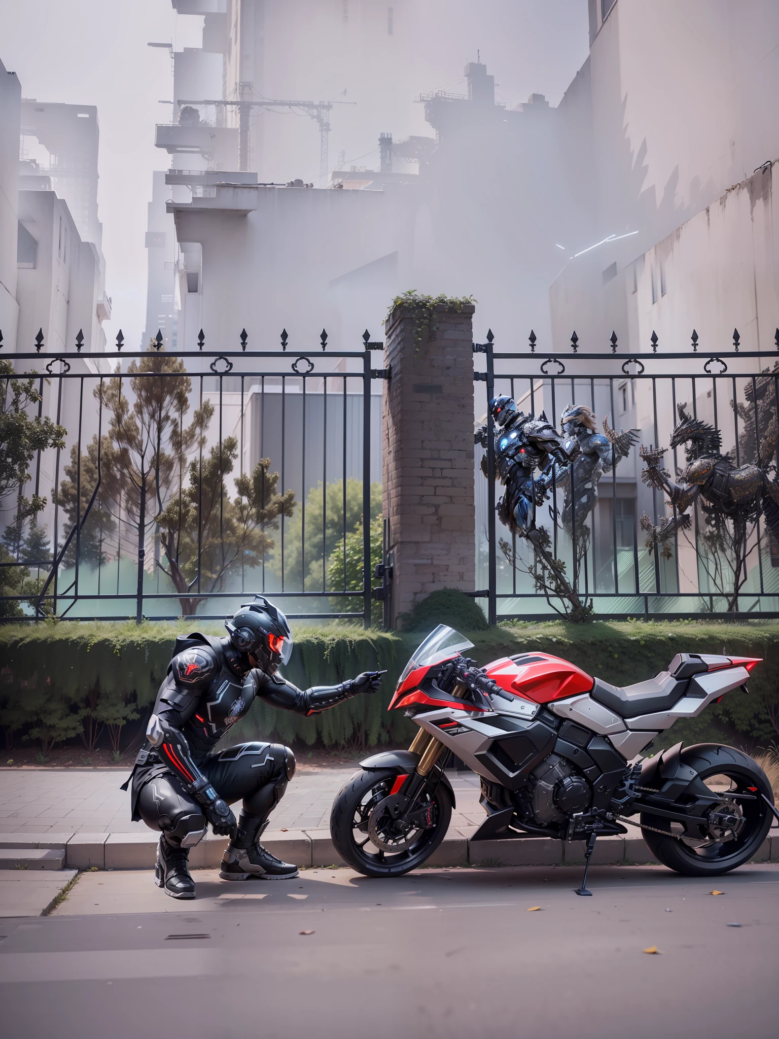 Cyber Male Warrior and Cyber Mechanical Motorcycle, Exquisite Black Tech Helmet, Nousr, Biomechanics, MSHN Robot Man, High Tech Helmet, Hyperreal, Steel, Intricate Design, Crazy Details, Fine Details, Extremely Clear Lines, Cinematic Lighting, Photo Realistic, Detailed Masterpiece
