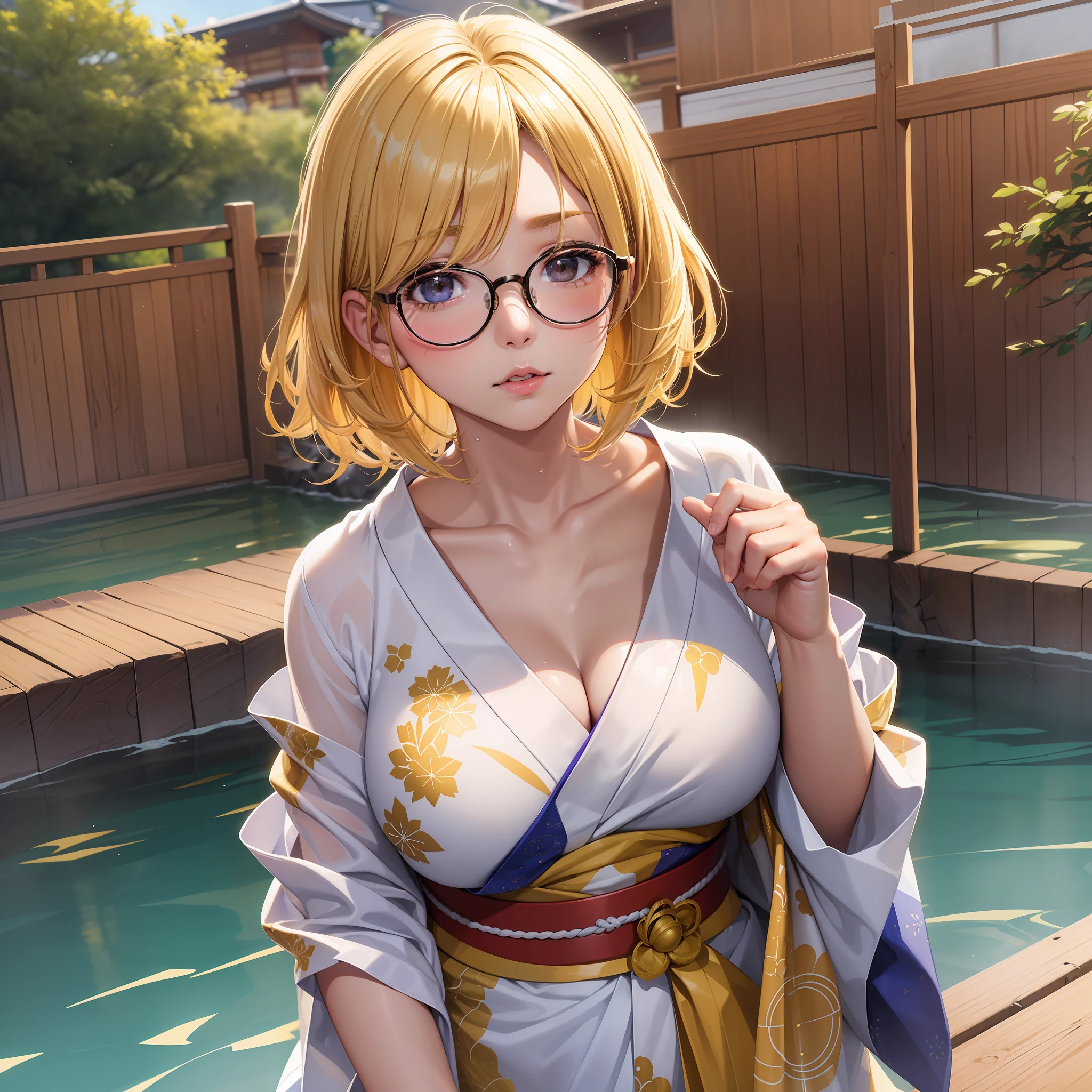 1 Beautiful Girl,8K,Best Quality,Masterpiece(3G),Perfect Body Line (Wheat-Colored Skin,Big),22 Years Old,College Student,Yukata (Best Quality),Big Glasses,Highly Detailed Background(Hakone Onsen,High Quality,Asahi),Hakone Gal,Foreigner(Quality Top Quality), Beautiful Lighting,Short Hair (Blonde,Moisturized Hair Quality)