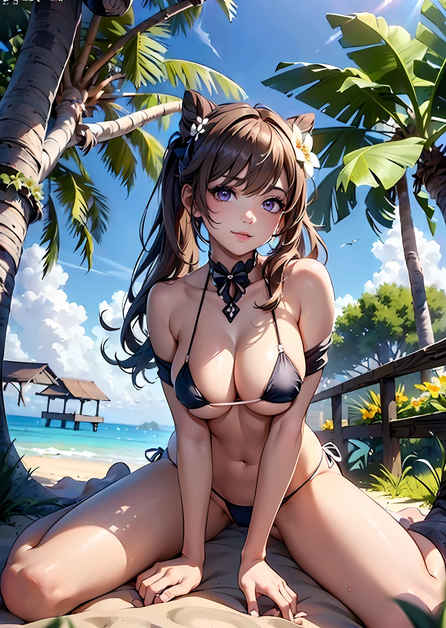 (Raw photo: 1.2), (Photorealistic: 1.4), nsfw, (((highest quality, masterpiece))), illustration, very delicate and beautiful, highly detailed, CG, unity, 8k wallpaper, wonderful, detailed, masterpiece, top quality, official art, highly detailed CG Unity 8k wallpaper, huge file size, super detailed, high resolution, highly detailed, detailed beautiful girl, Highly detailed eyes and face, beautiful detailed eyes, male and female pairs, ((cute girl straddling a boy)), (cowgirl: 1.5), (gonzo: 1.3), (low angle) ((Best quality, 8k, Masterpiece :1.3)), A pretty 1woman with perfect figure: 1.4, Smooth abs: 1.3, ((light brown hair, realistic big breasts :1.2)), (wearing transparent flower micro bikini:1.5), (Lying on hammock, Hammock, At the beach:1.2), ((Happy expression)) Highly detailed face and skin texture, Detailed eyes, Double eyelid, (((Legs open))) (Low angle)、((((恍惚な表情))))